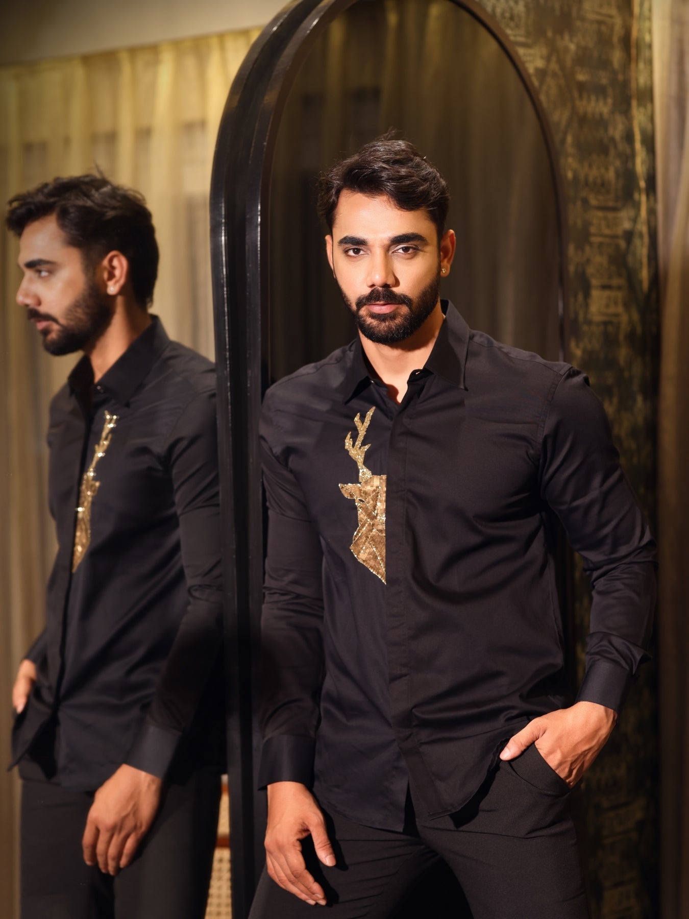 Black Shirt with Deer Sequence Embroidery
