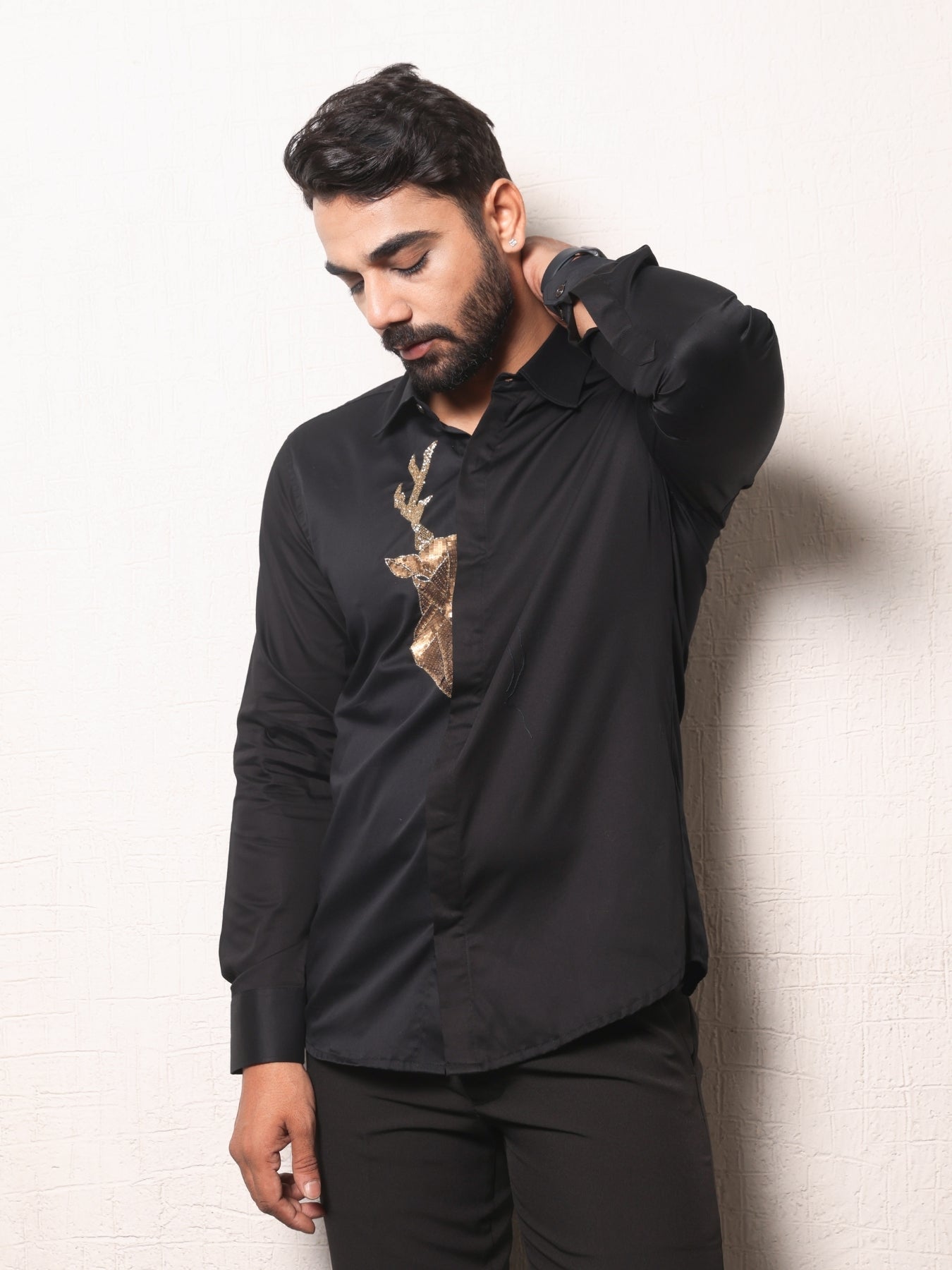 Black Shirt with Deer Sequence Embroidery