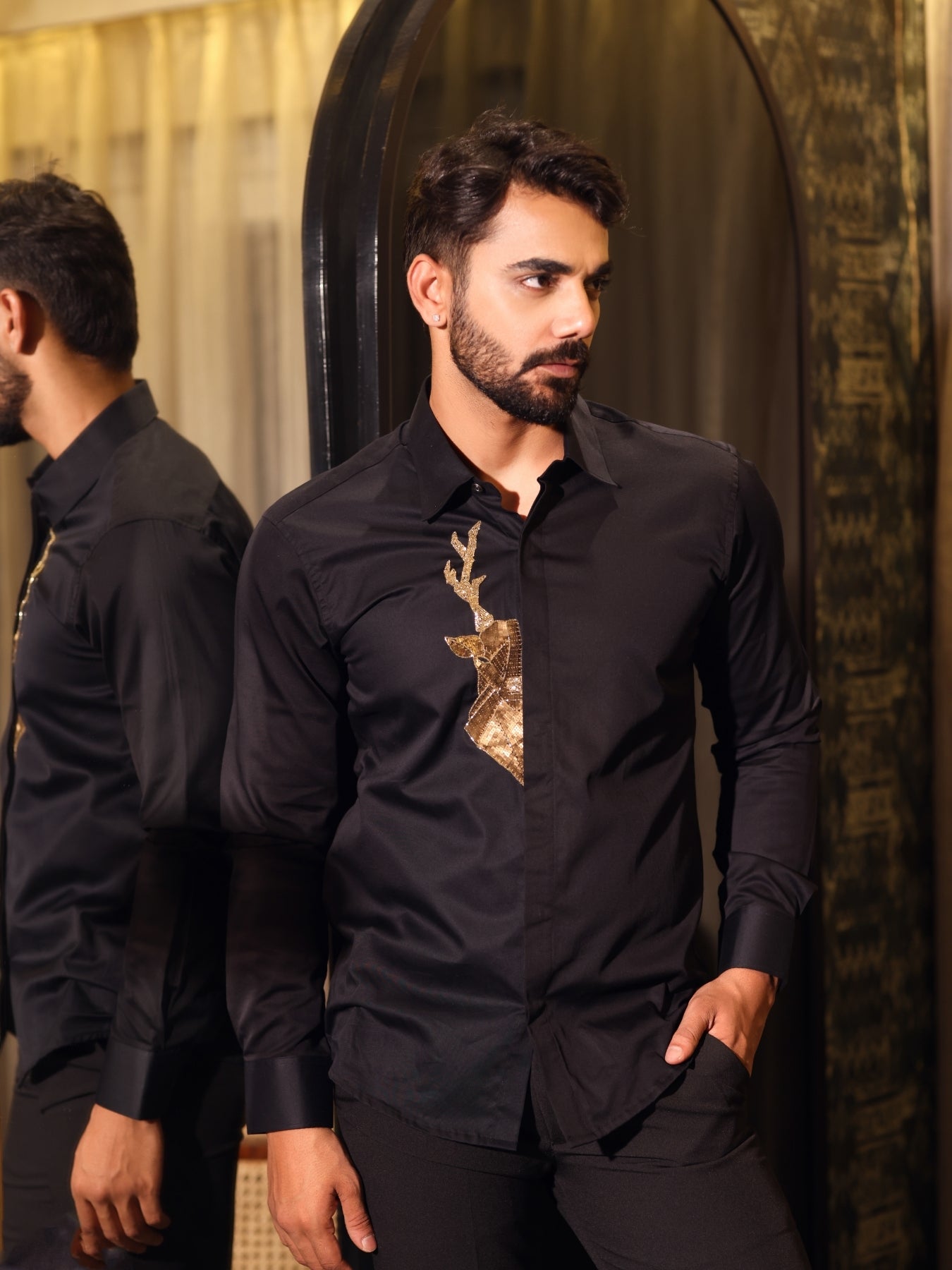 Black Shirt with Deer Sequence Embroidery