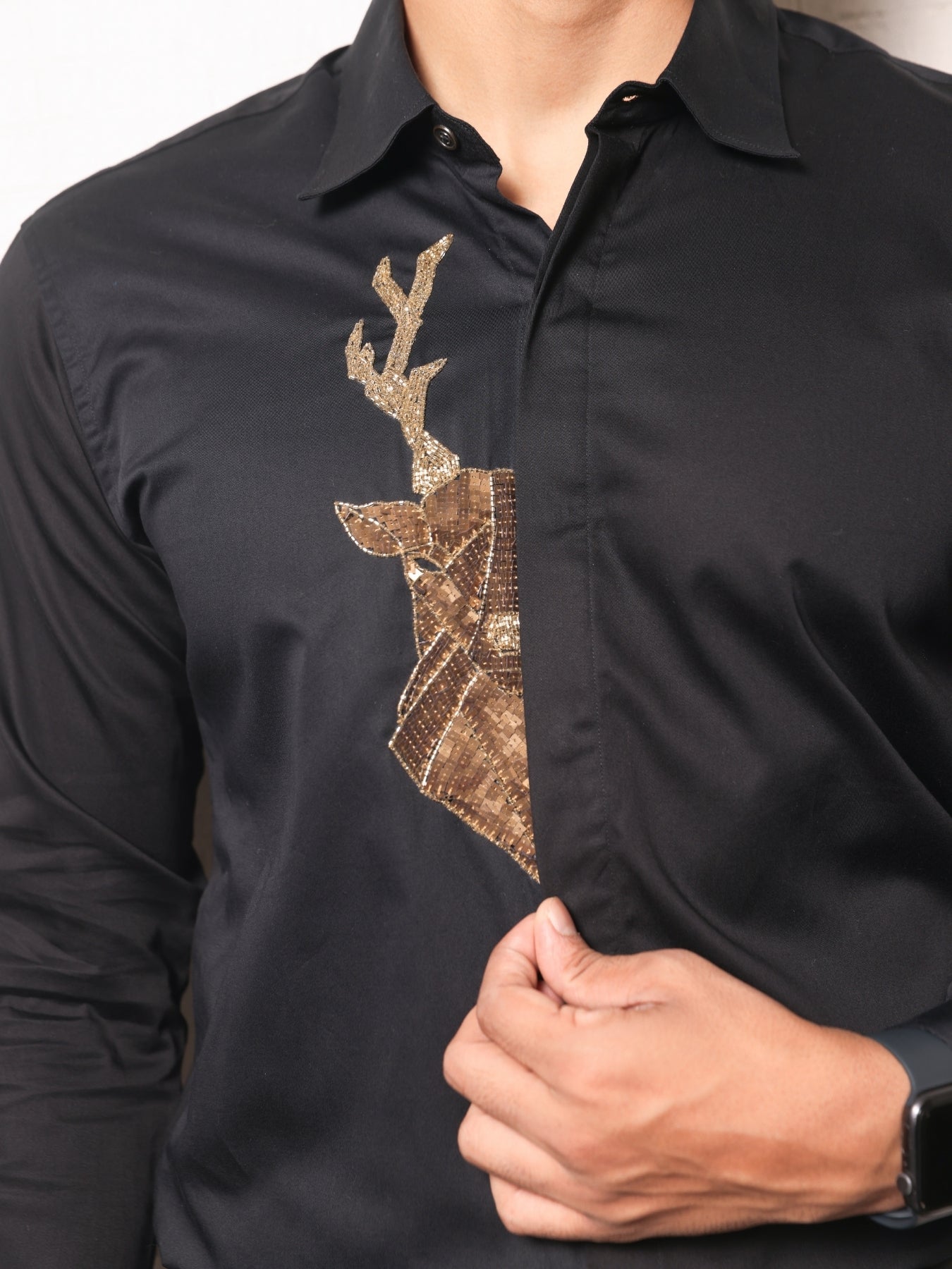 Black Shirt with Deer Sequence Embroidery