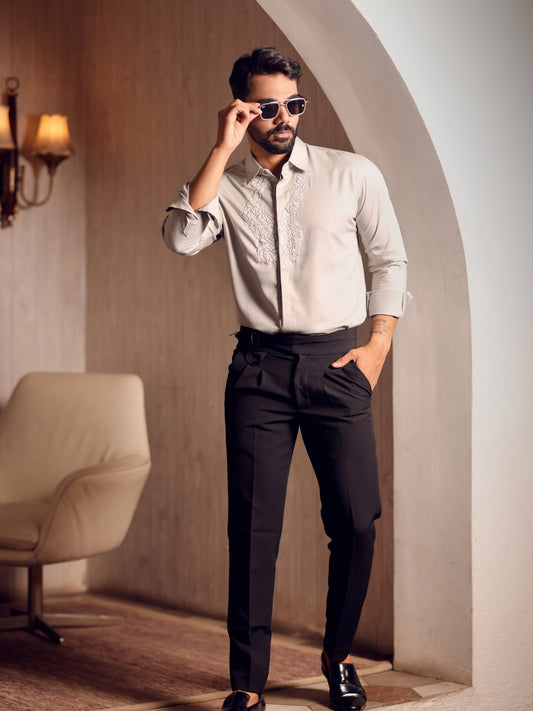 Eagle Embroidered Shirt (Light Grey Cotton) with Cut Pipes