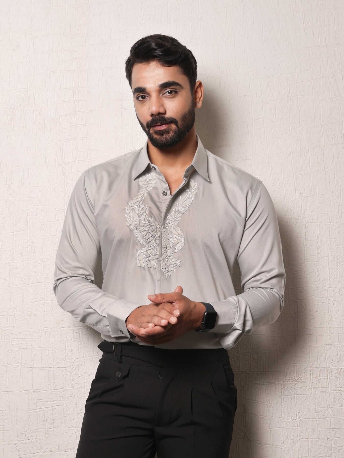 Eagle Embroidered Shirt (Light Grey Cotton) with Cut Pipes