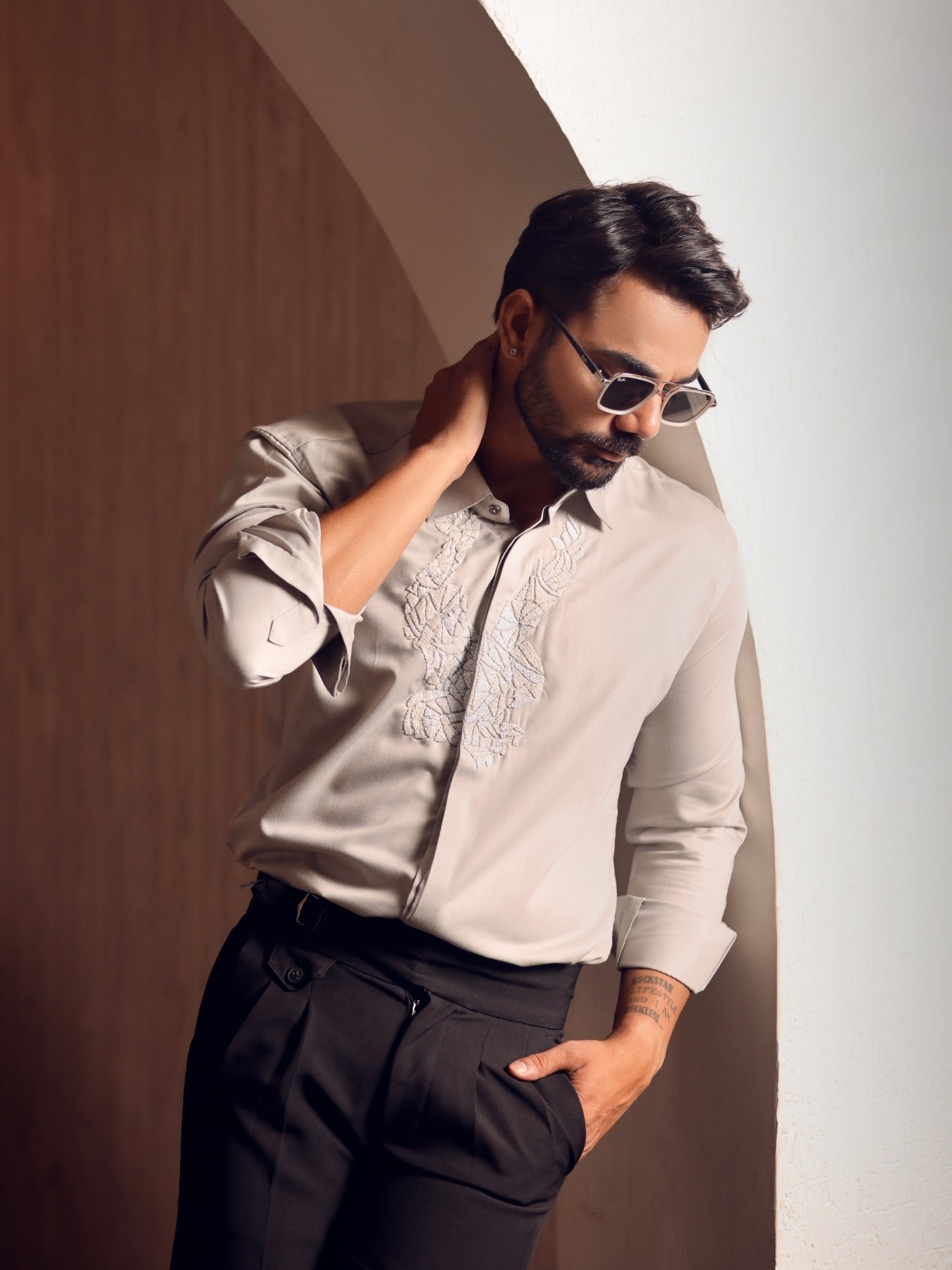 Eagle Embroidered Shirt (Light Grey Cotton) with Cut Pipes