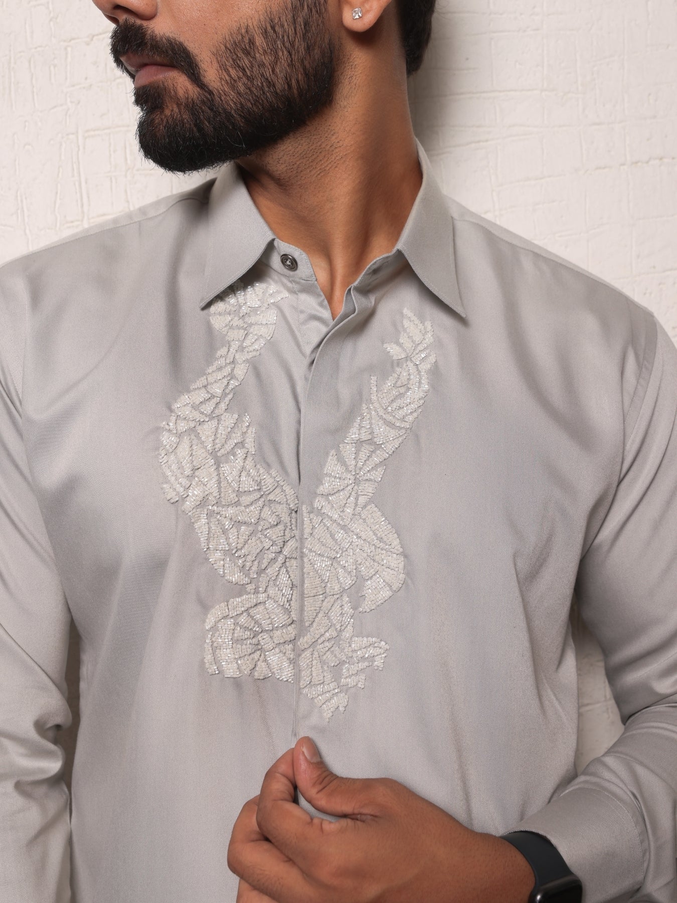 Eagle Embroidered Shirt (Light Grey Cotton) with Cut Pipes