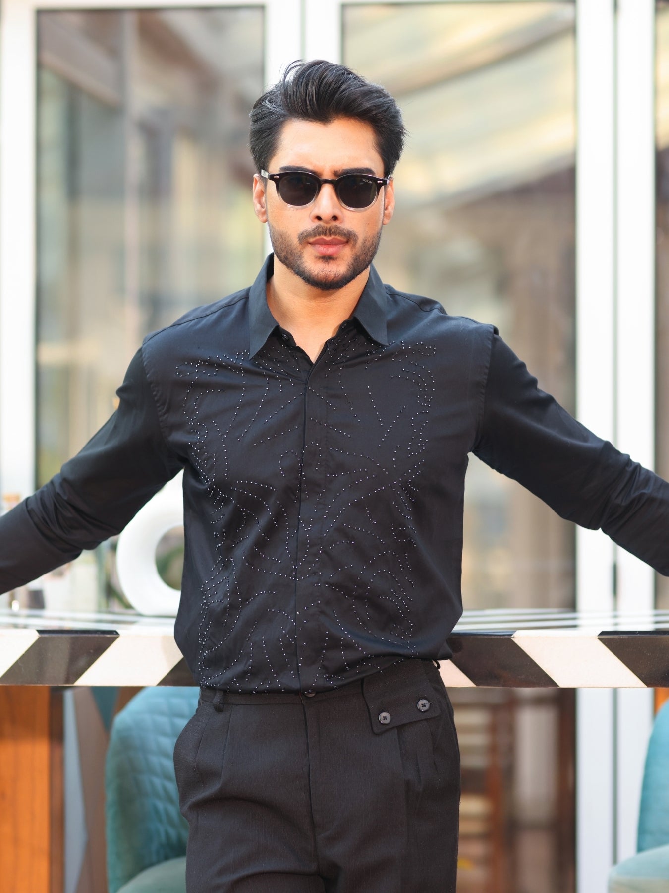Black Cotton Shirt Stitched with Motif and Sequence