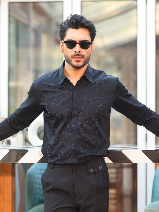 Black Cotton Shirt Stitched with Motif and Sequence