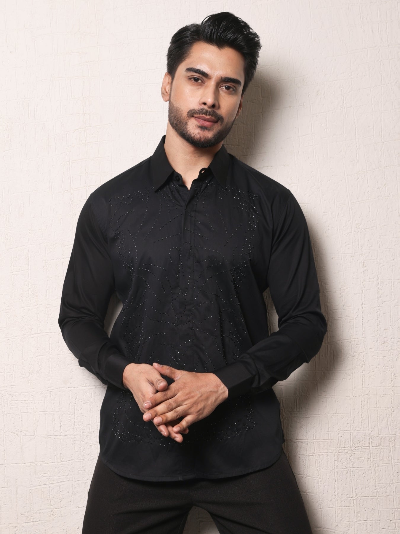 Black Cotton Shirt Stitched with Motif and Sequence