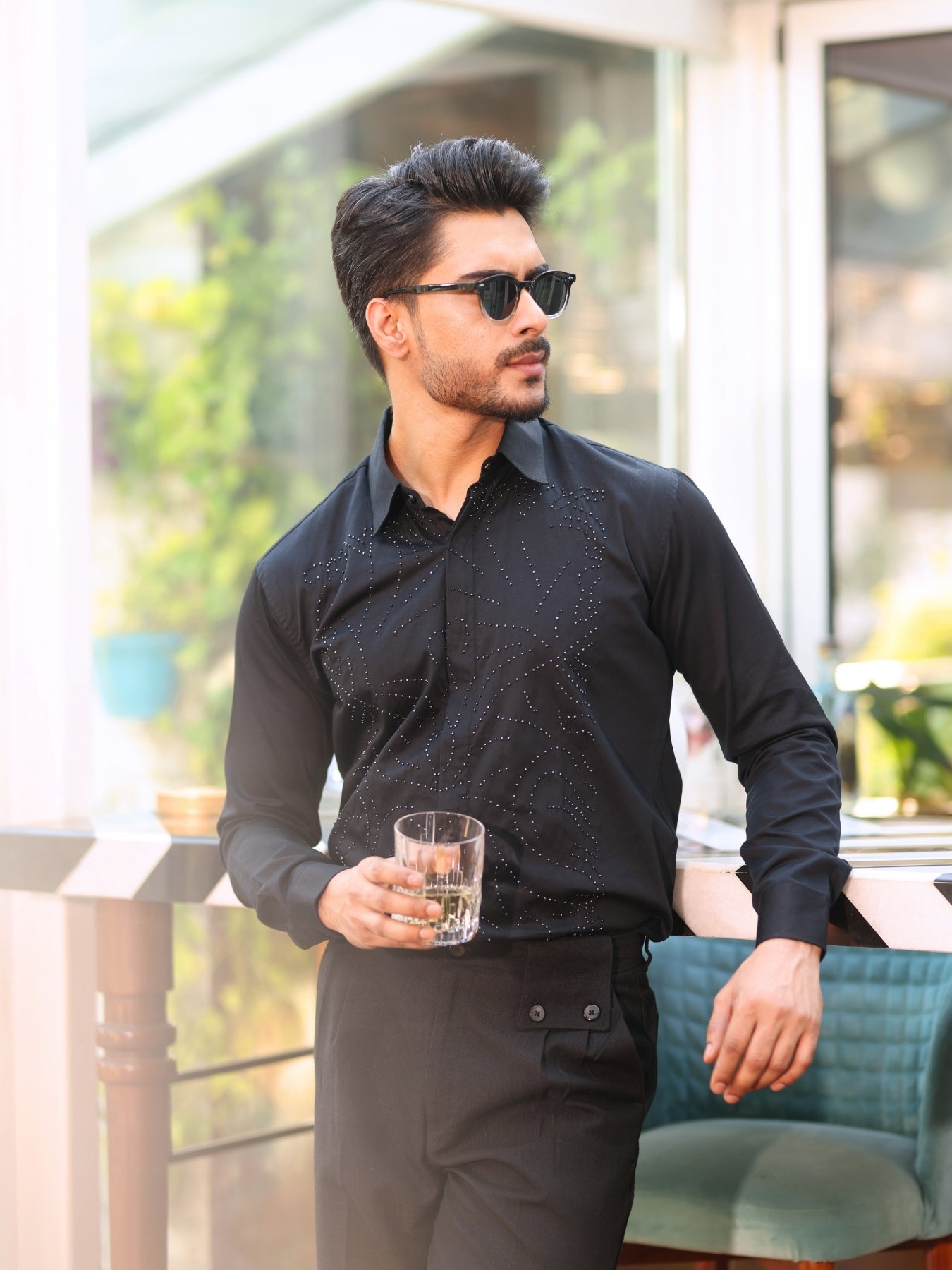 Black Cotton Shirt Stitched with Motif and Sequence