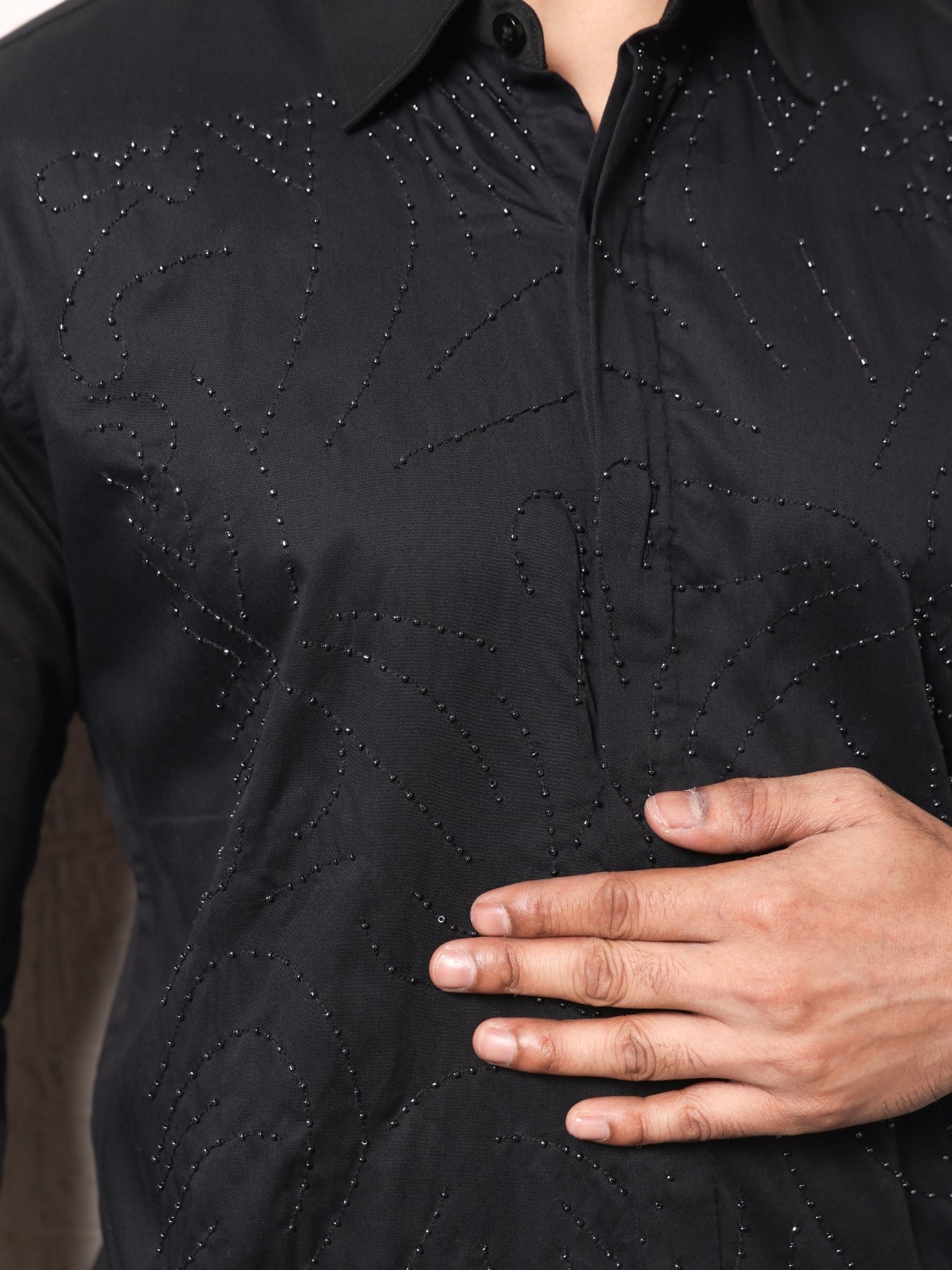 Black Cotton Shirt Stitched with Motif and Sequence