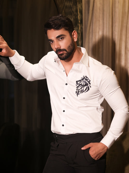 Lion Embroidered on a White Cotton Shirt