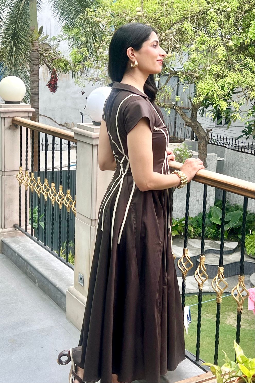 Mocha Midi Dress with Beige Detailing