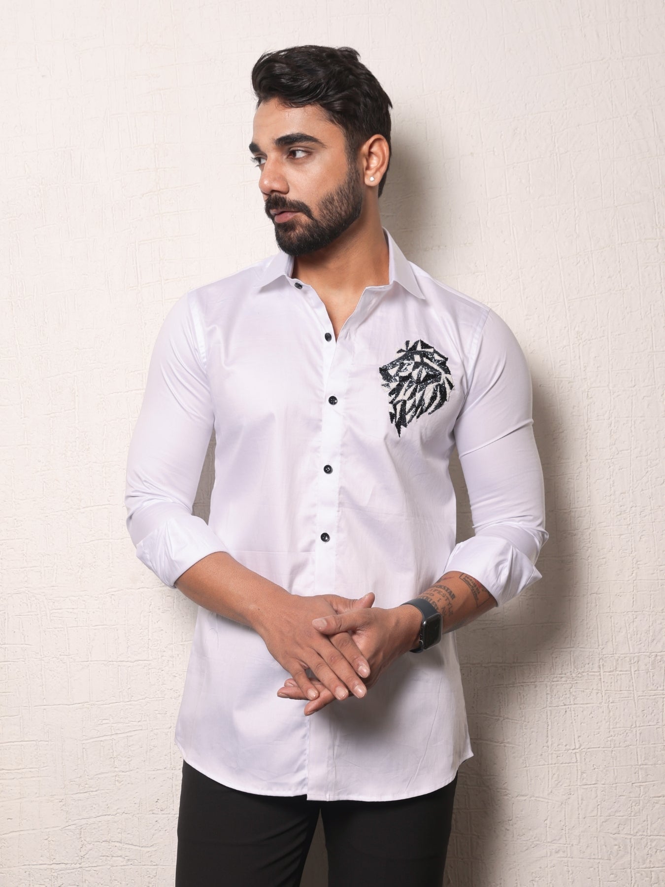 Lion Embroidered on a White Cotton Shirt
