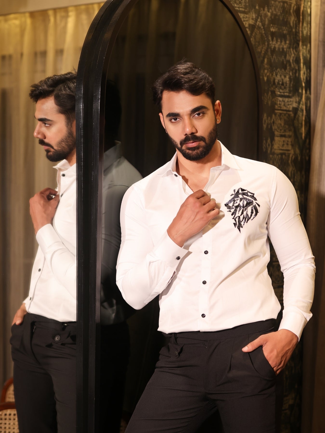 Lion Embroidered on a White Cotton Shirt