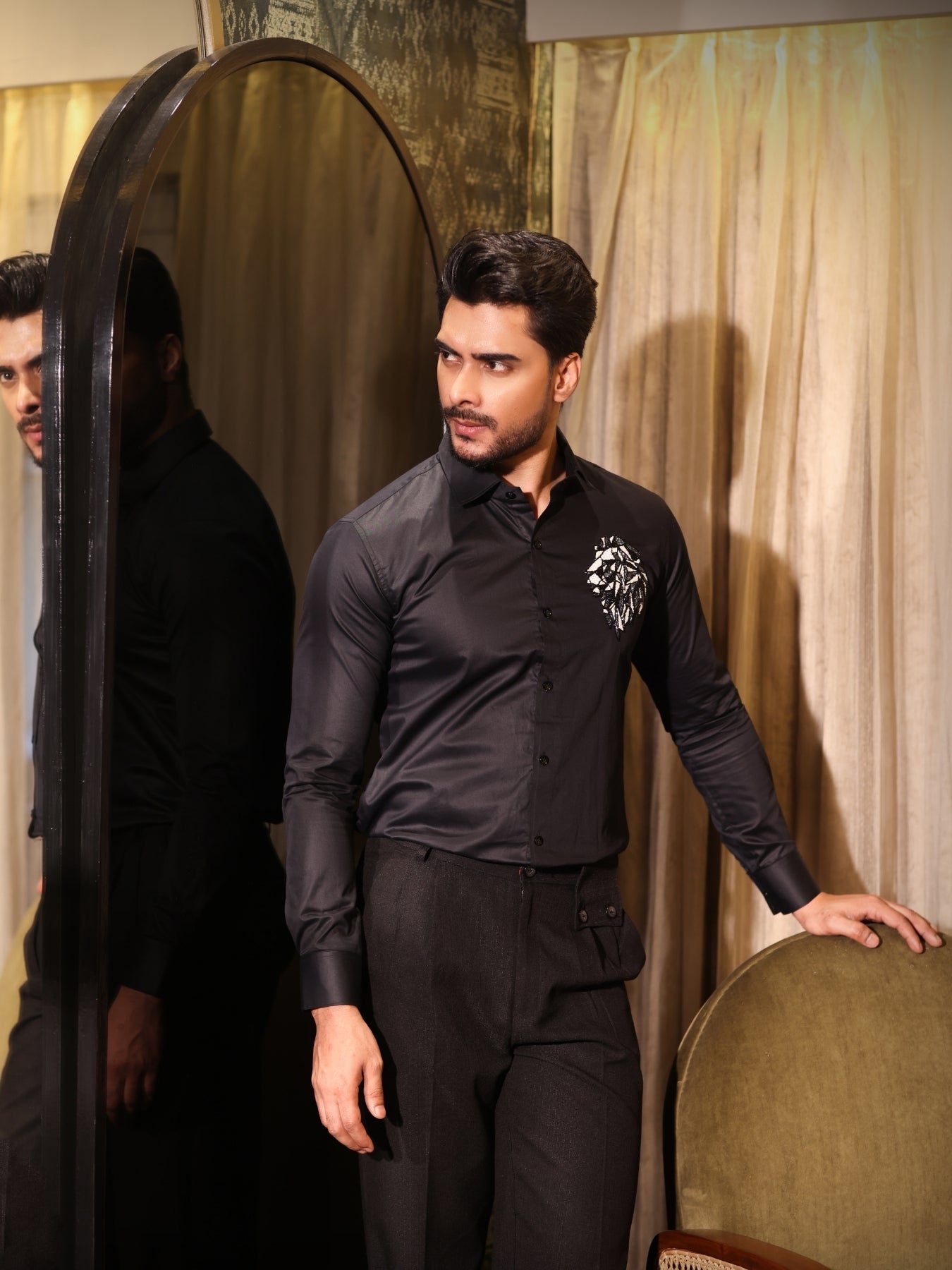 Lion Embroidered on a Black Cotton Shirt