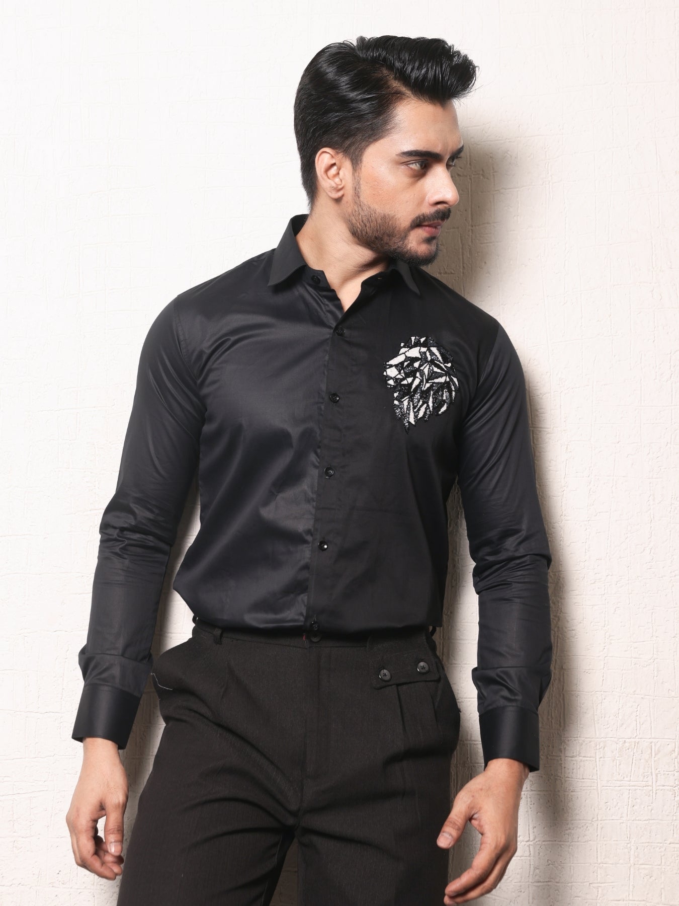 Lion Embroidered on a Black Cotton Shirt
