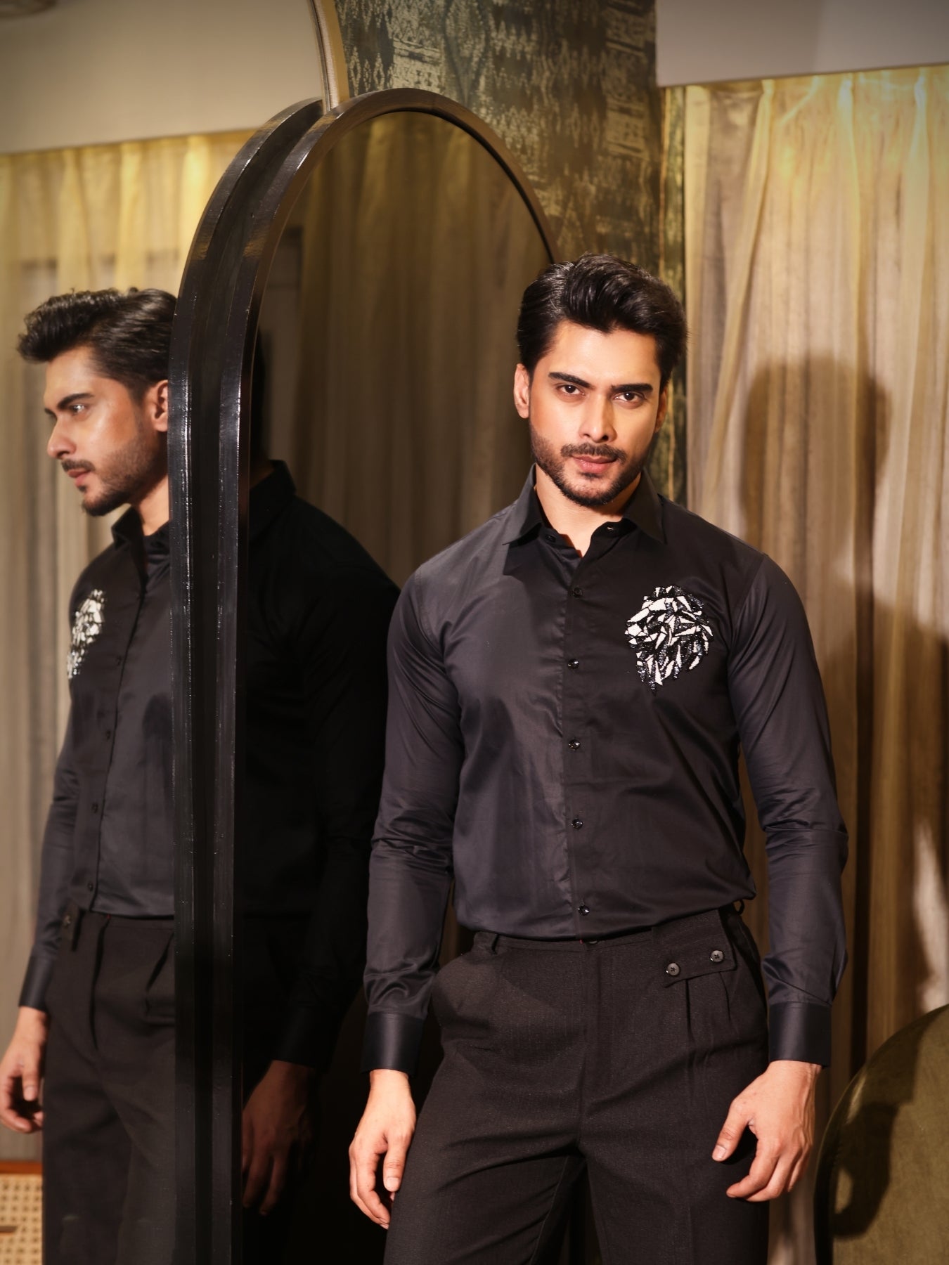 Lion Embroidered on a Black Cotton Shirt