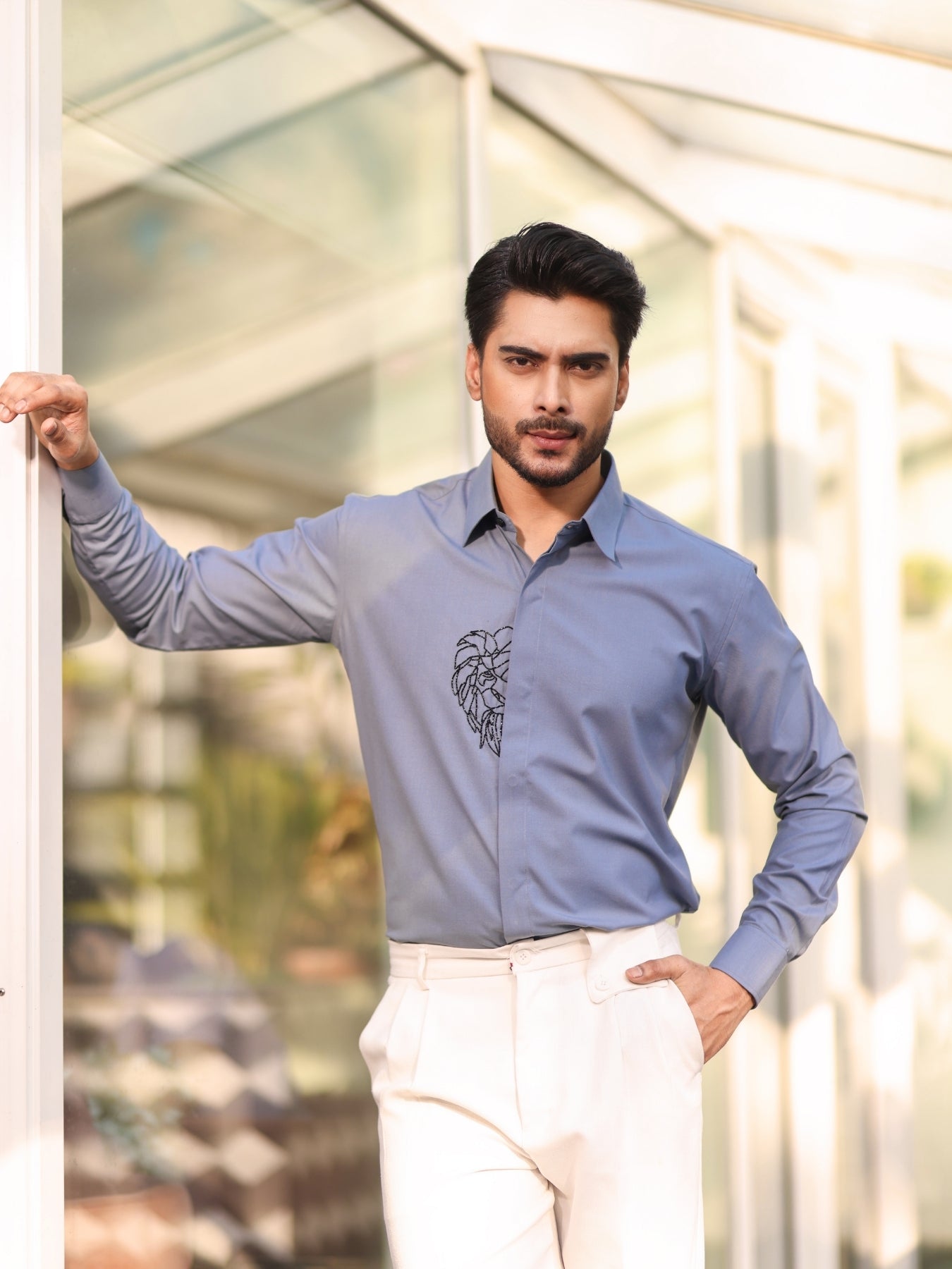 Lion Embroidered Turqoish Blue Cotton Shirt with Cutpipes
