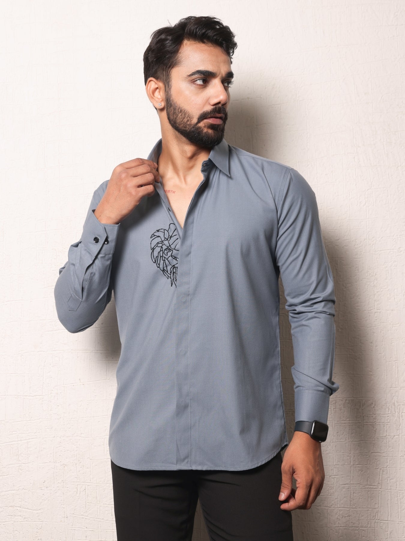 Lion Embroidered Turqoish Blue Cotton Shirt with Cutpipes