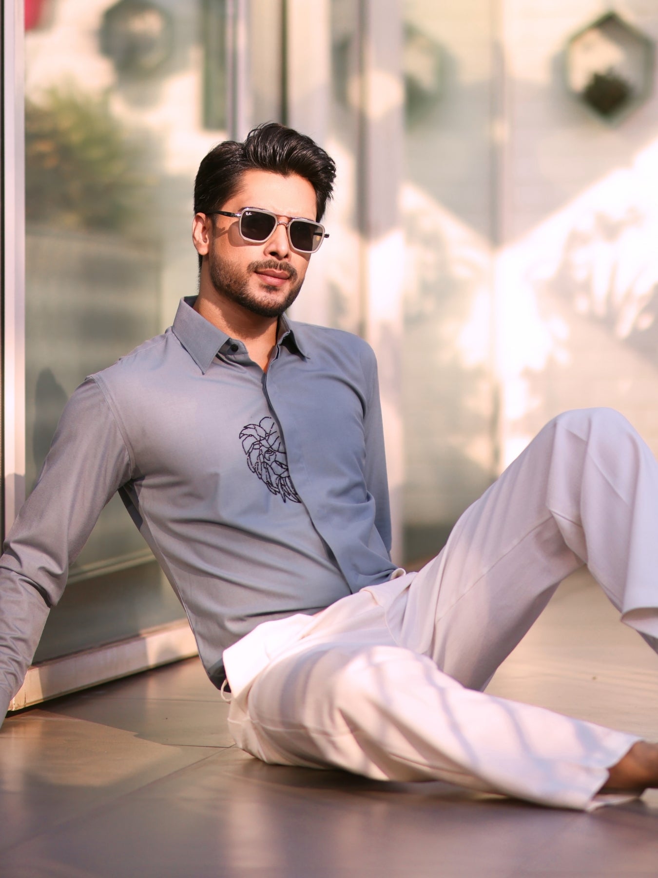 Lion Embroidered Turqoish Blue Cotton Shirt with Cutpipes