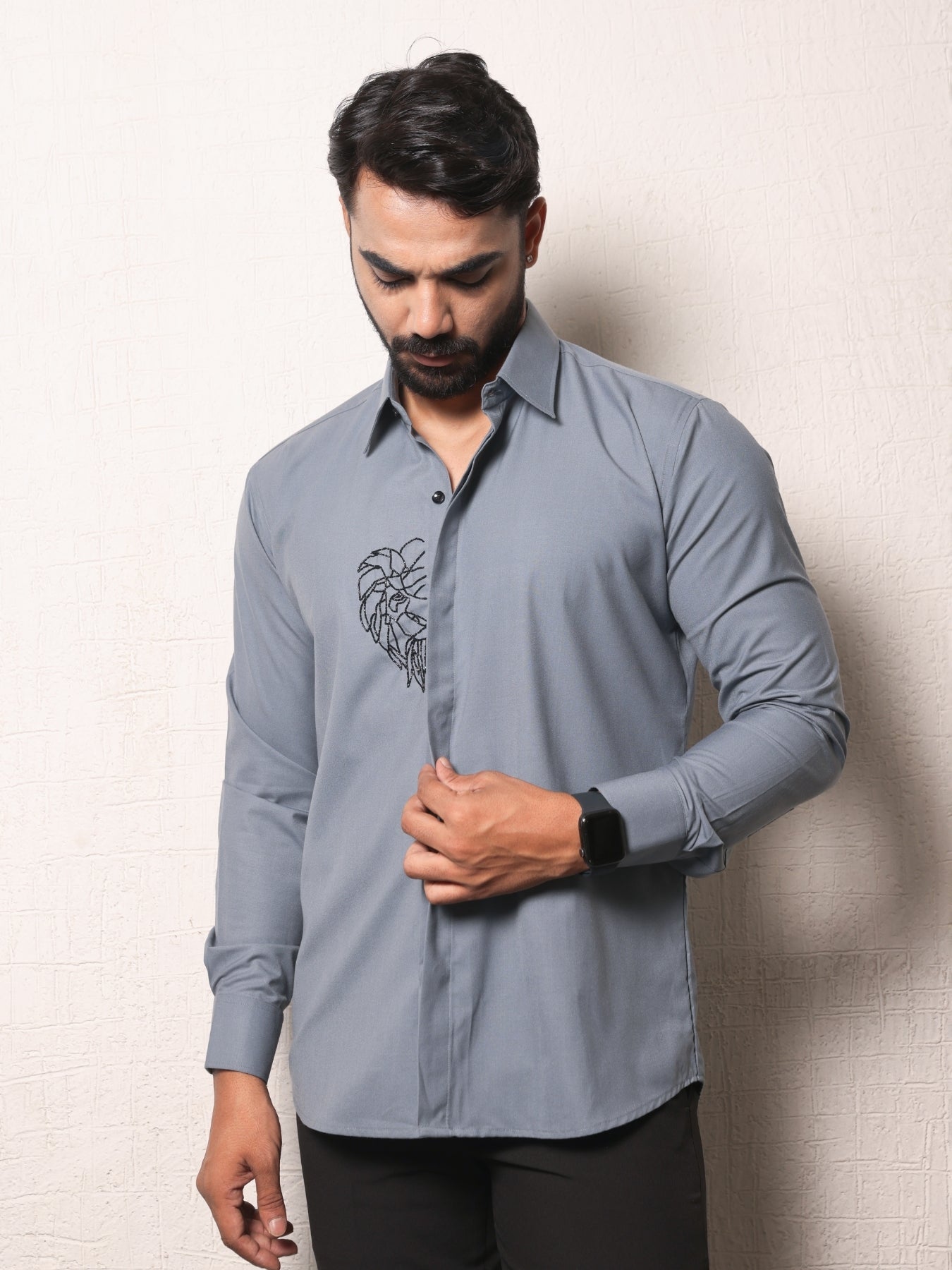 Lion Embroidered Turqoish Blue Cotton Shirt with Cutpipes