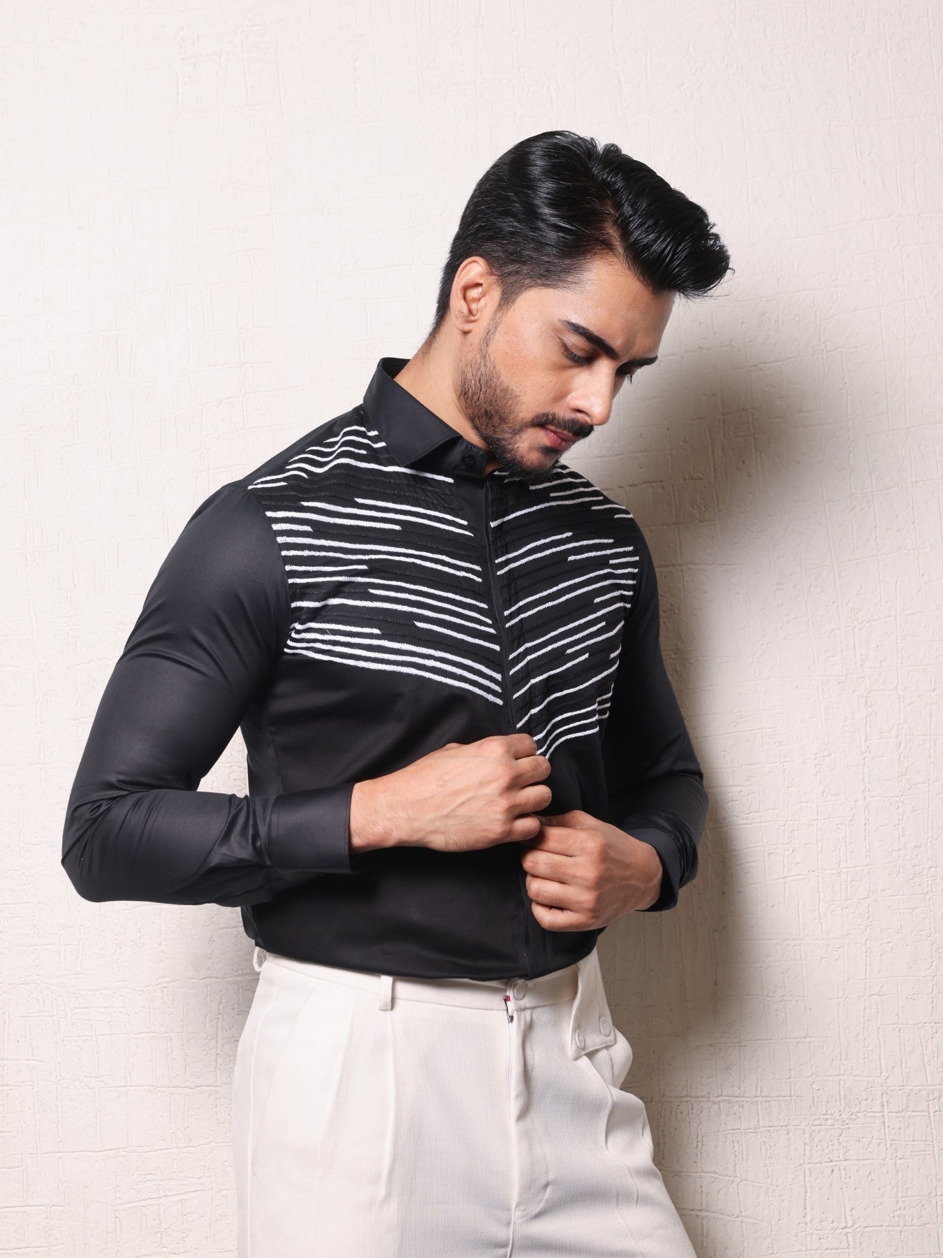 Embroidered black cotton shirt with thread