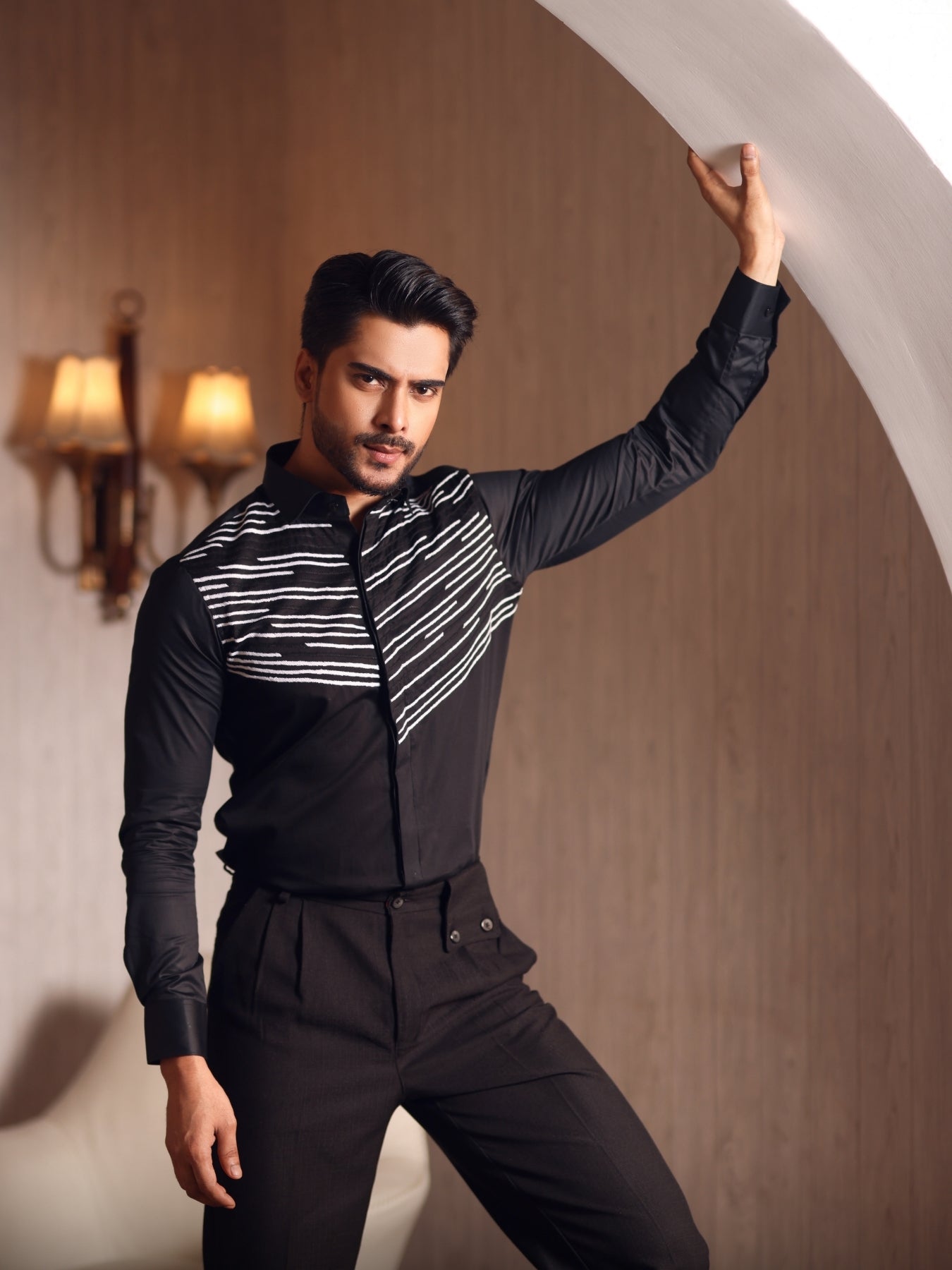 Embroidered black cotton shirt with thread