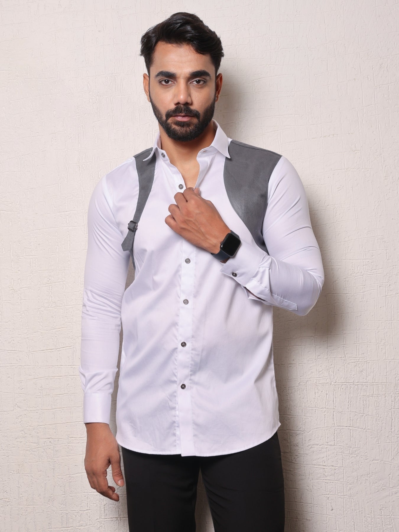 White Suede Shirt with a Metal Buckle