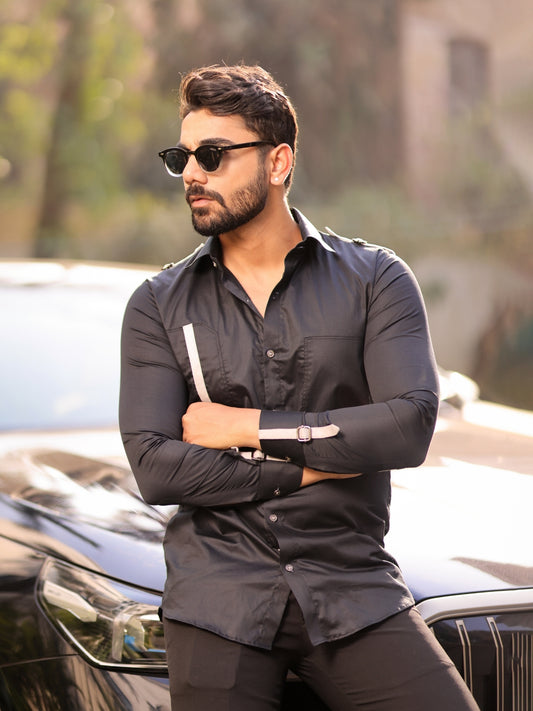 Suede strap & buckle styled Black cotton shirt