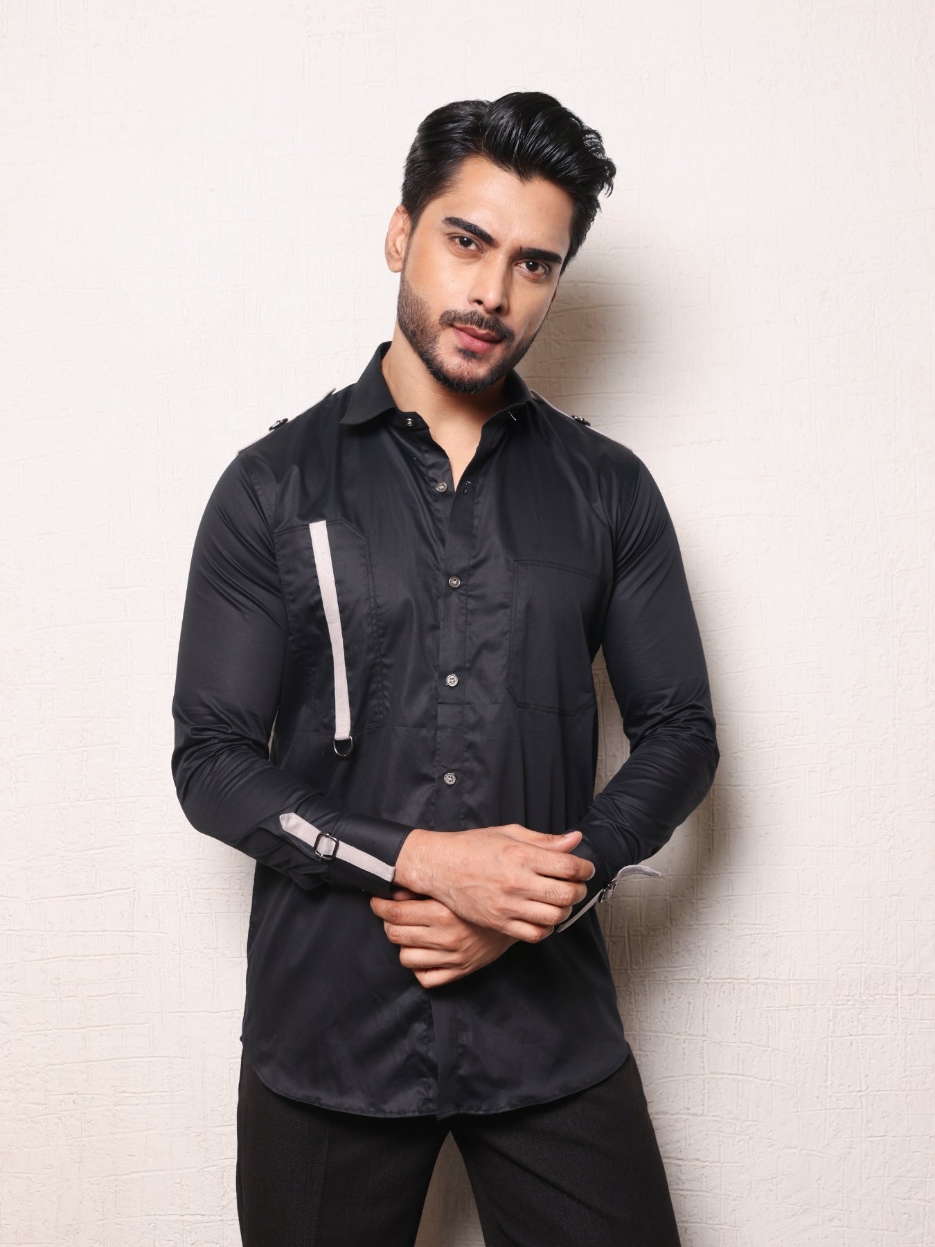 Suede strap & buckle styled Black cotton shirt