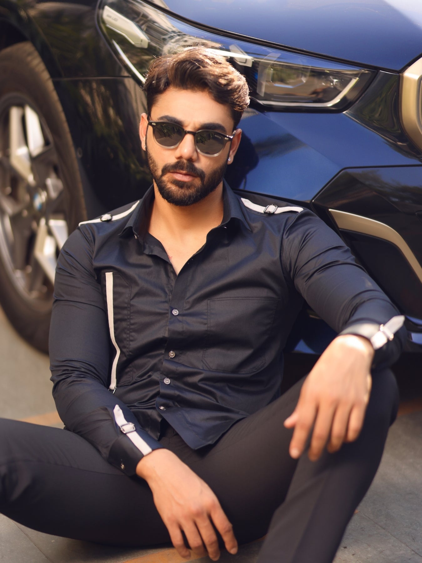 Suede strap & buckle styled Black cotton shirt