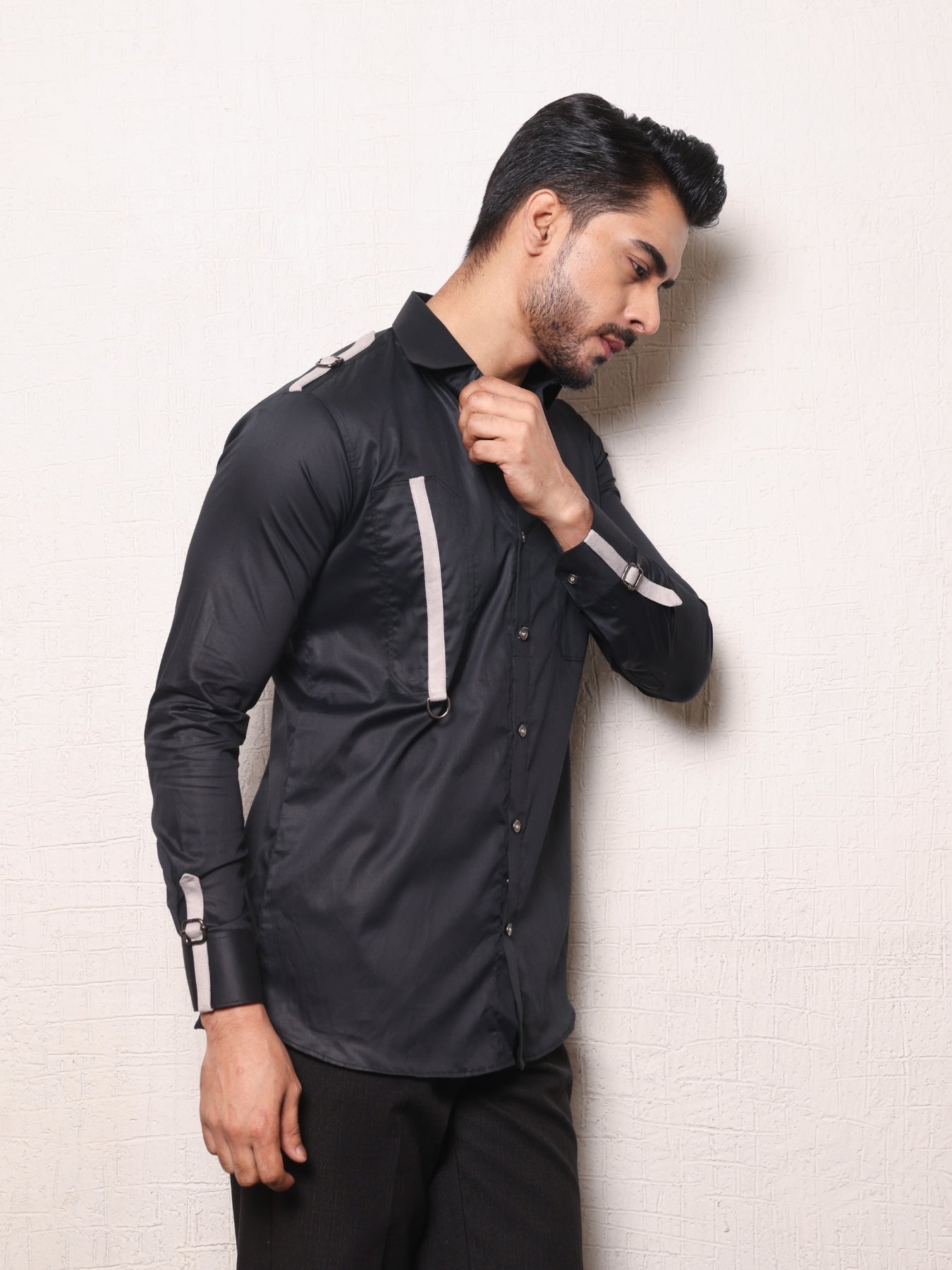 Suede strap & buckle styled Black cotton shirt