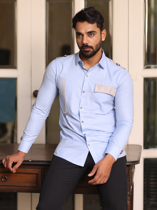 Suede Strap & Buckle Styled Blue Cotton Shirt