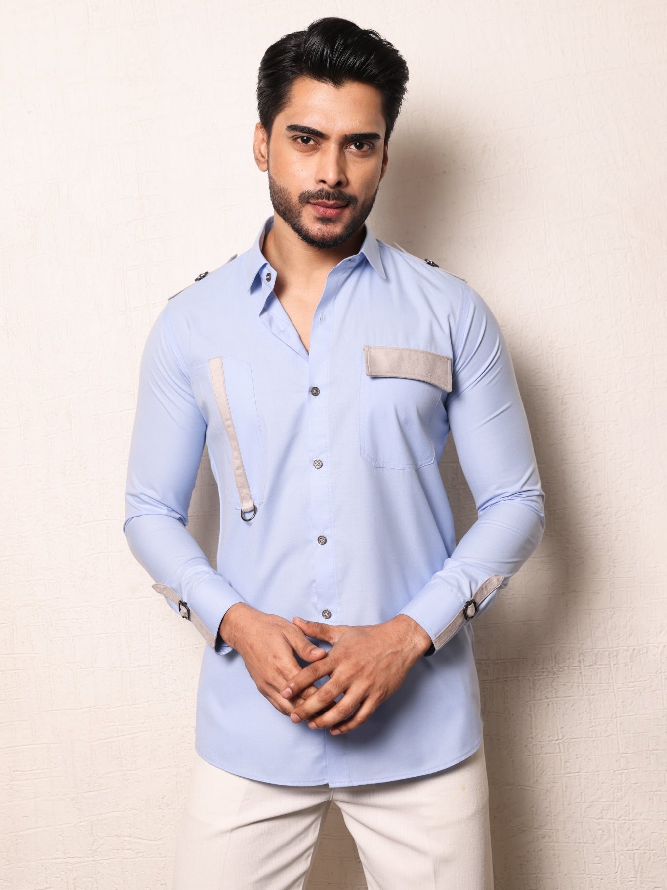 Suede Strap & Buckle Styled Blue Cotton Shirt