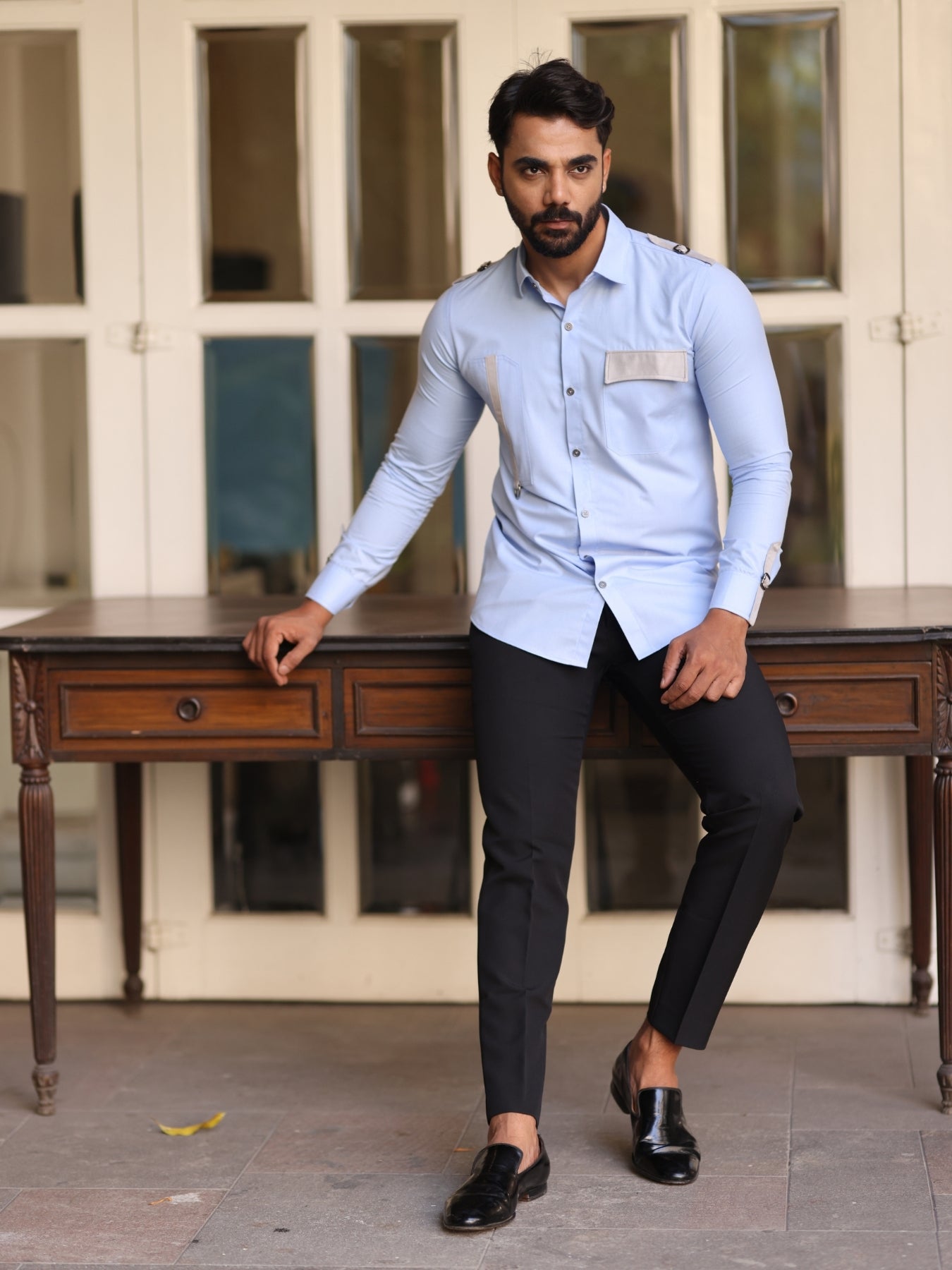 Suede Strap & Buckle Styled Blue Cotton Shirt
