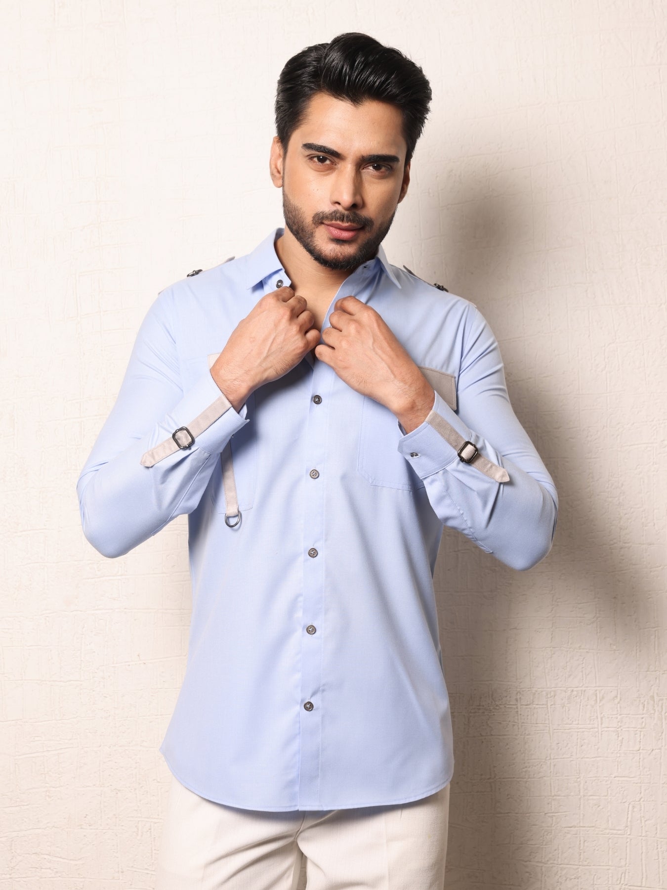 Suede Strap & Buckle Styled Blue Cotton Shirt