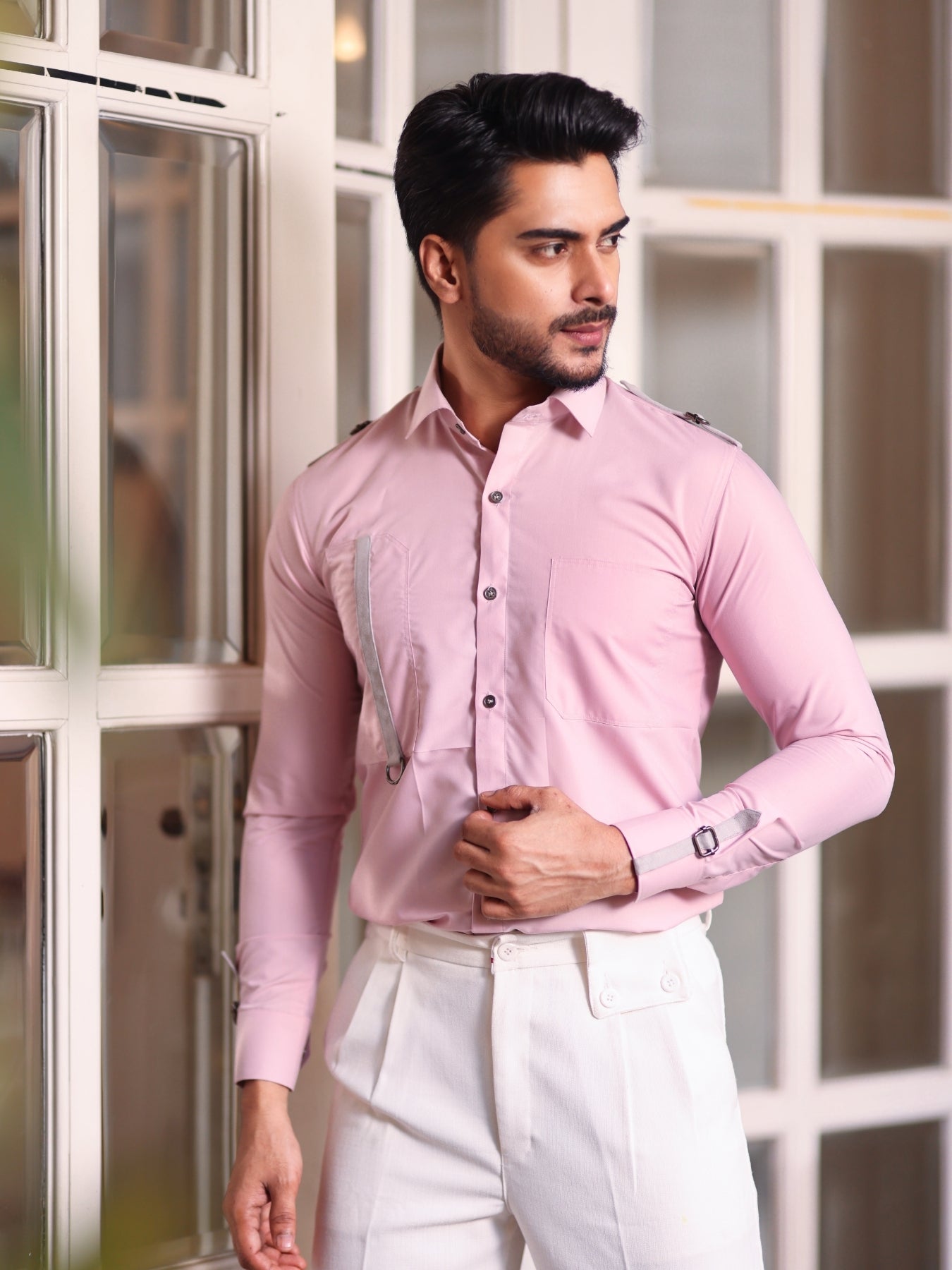 Suede Strap & Buckle Styled Pink Cotton Shirt