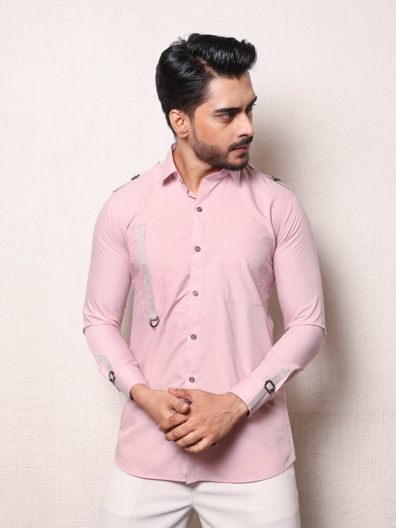 Suede Strap & Buckle Styled Pink Cotton Shirt