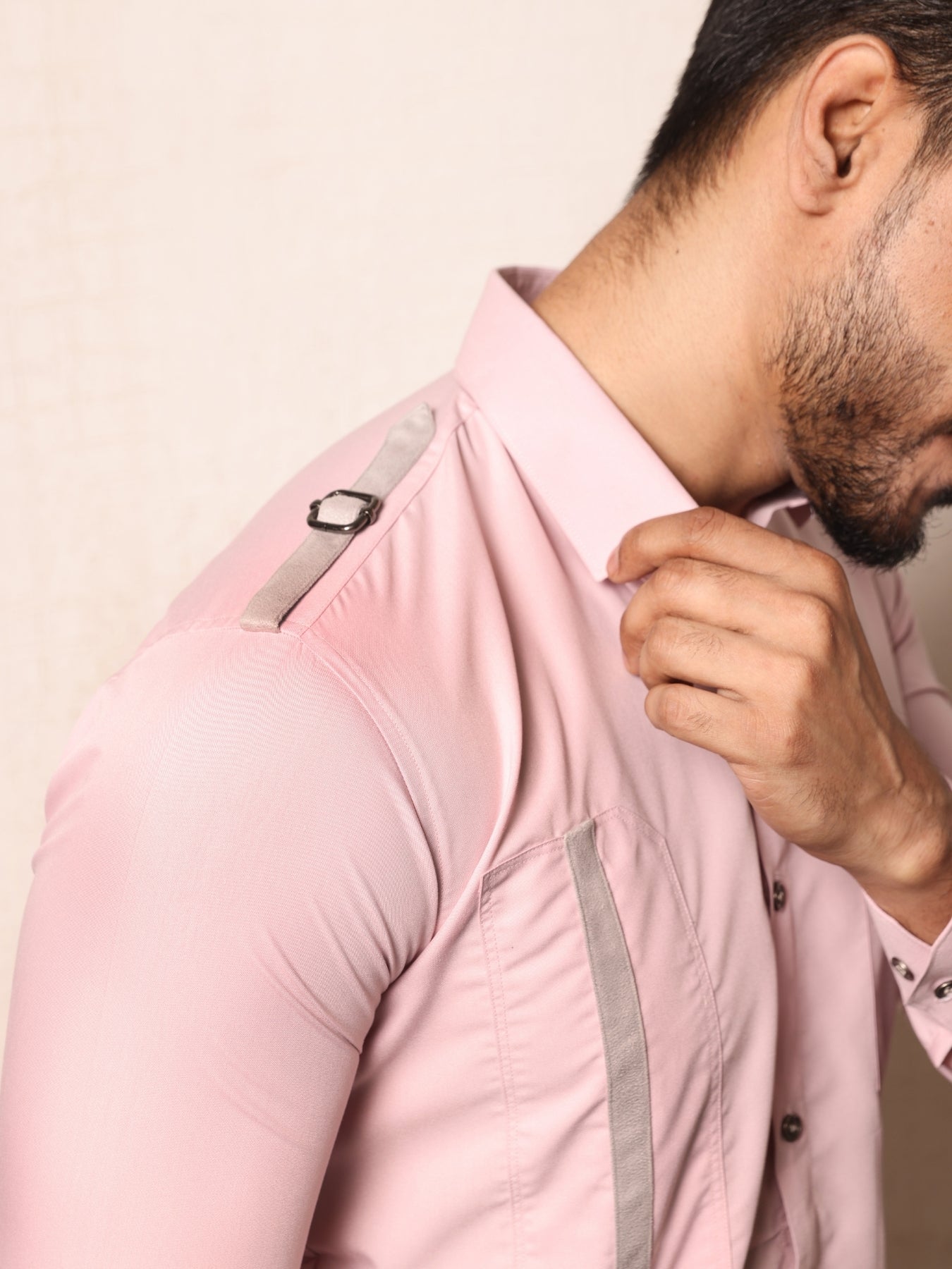 Suede Strap & Buckle Styled Pink Cotton Shirt