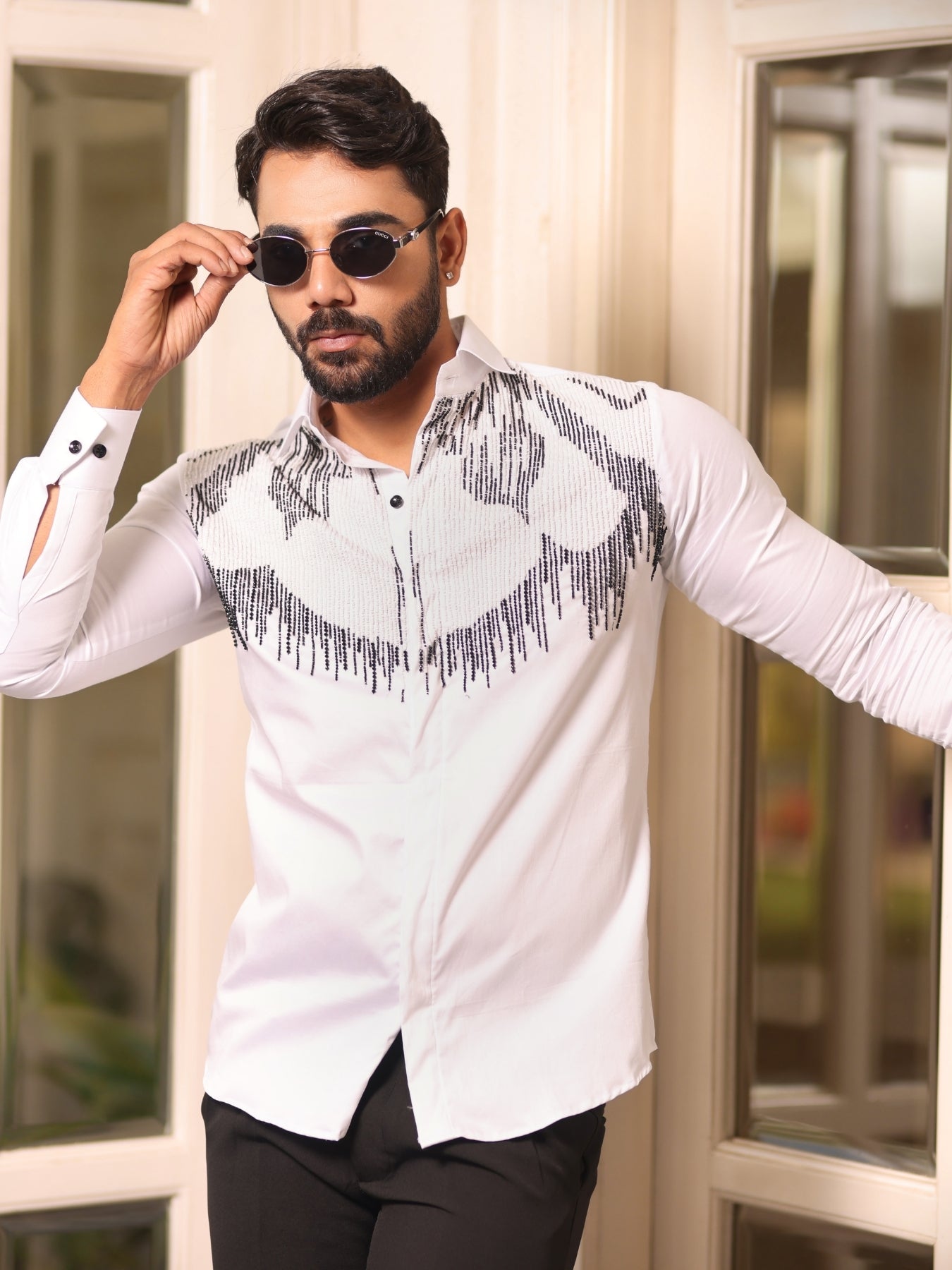 Full White Shirt with Motif and Cutpipe Embroidery