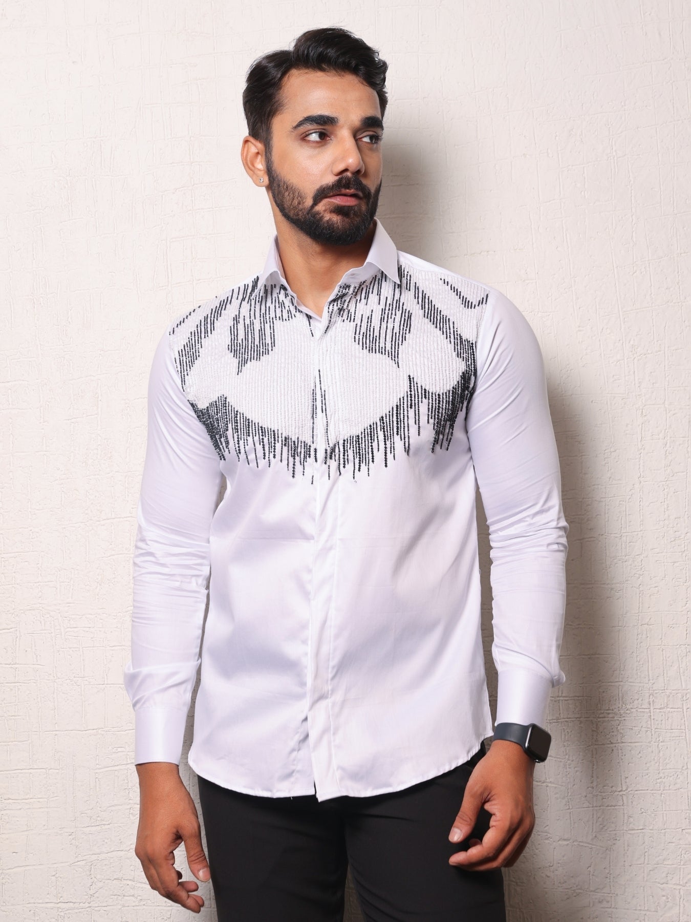 Full White Shirt with Motif and Cutpipe Embroidery