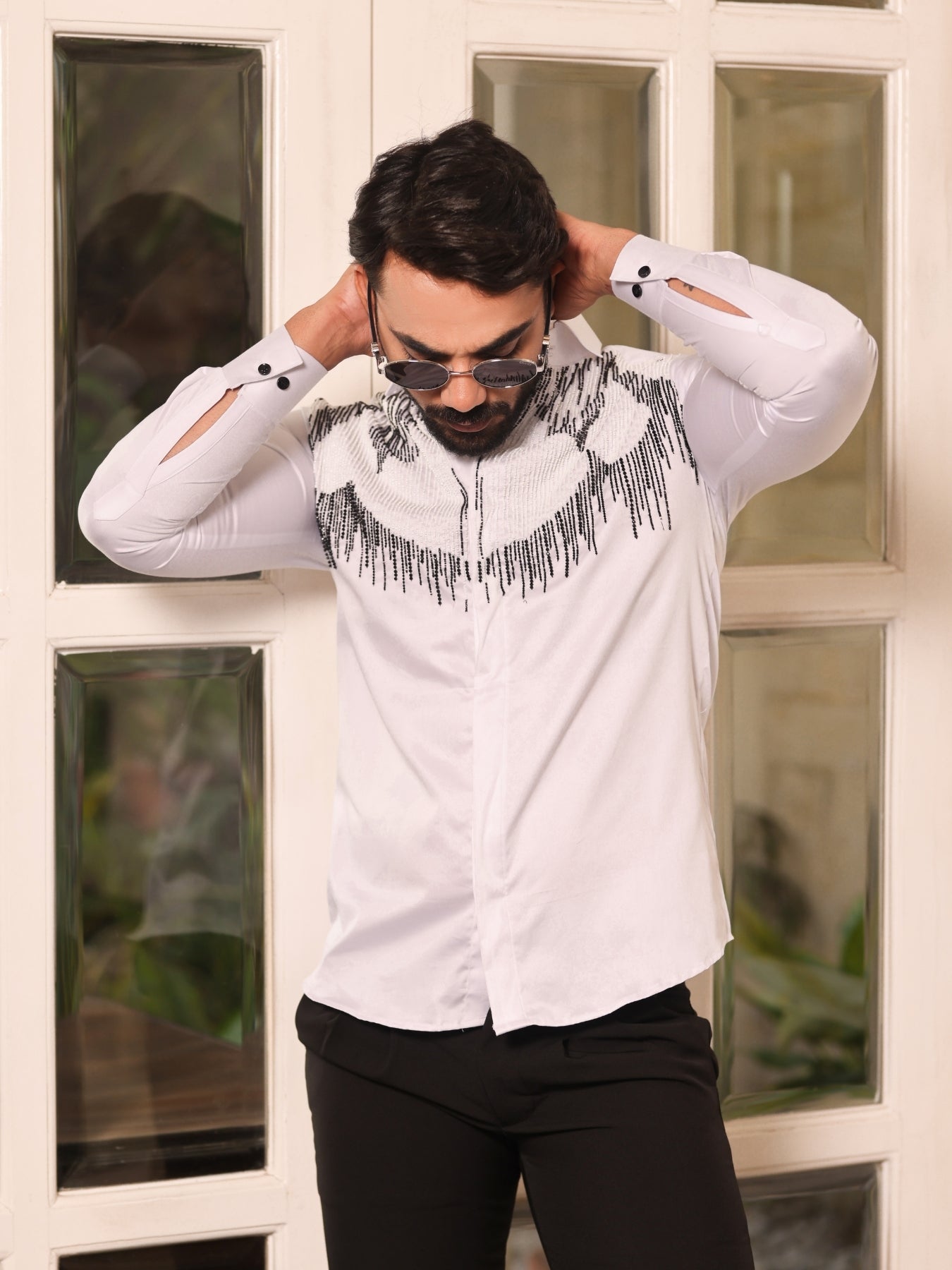 Full White Shirt with Motif and Cutpipe Embroidery