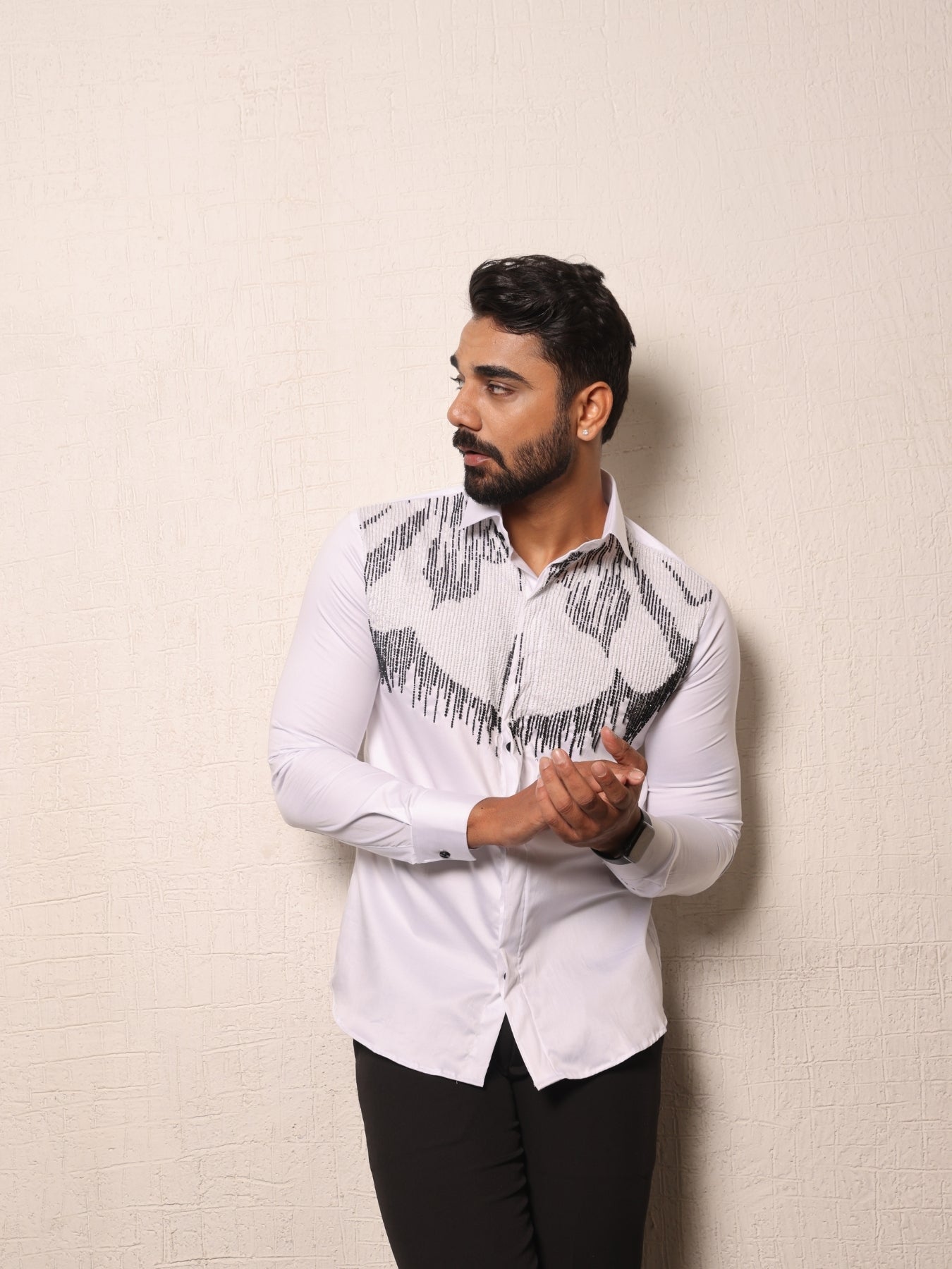 Full White Shirt with Motif and Cutpipe Embroidery