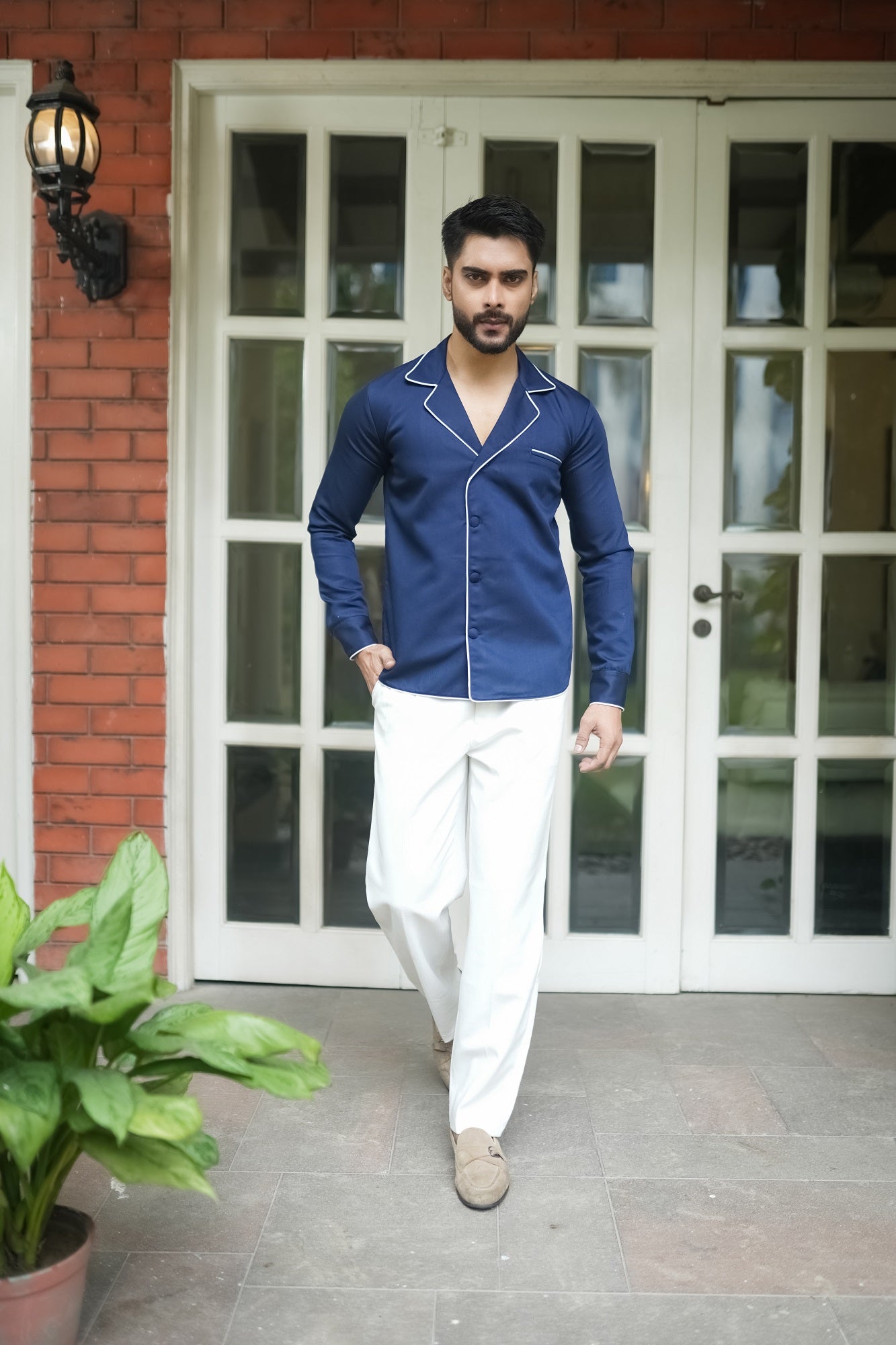 Royal Blue Shirt With Grey Piping
