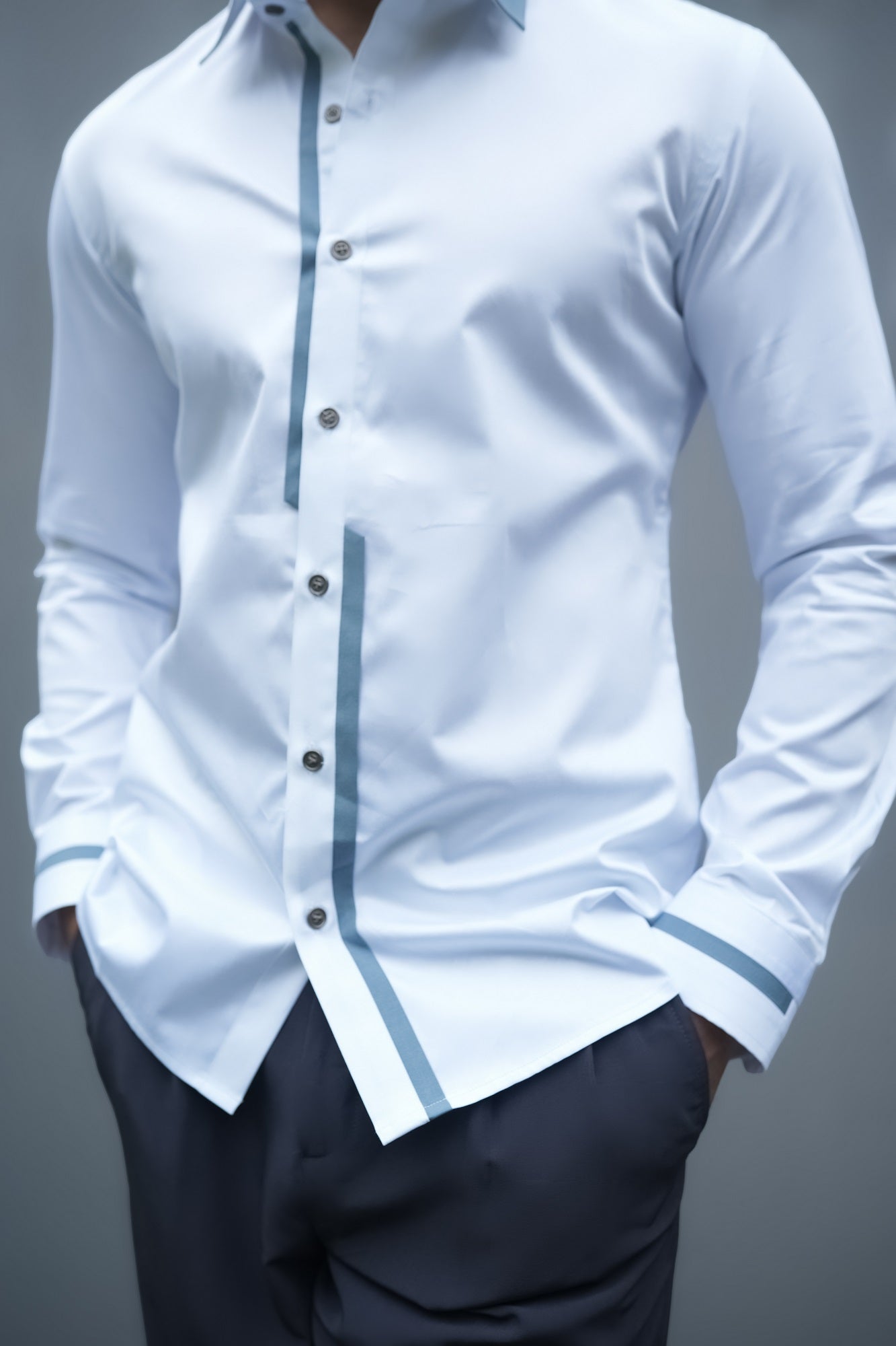Grey Piped Pure Cotton Shirt