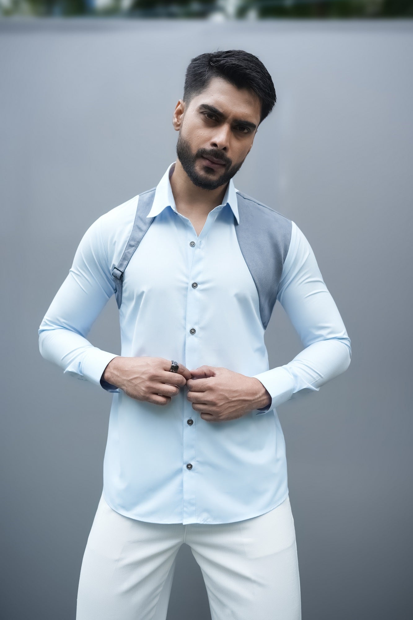 Grey Suede Shirt with a Metal Buckle