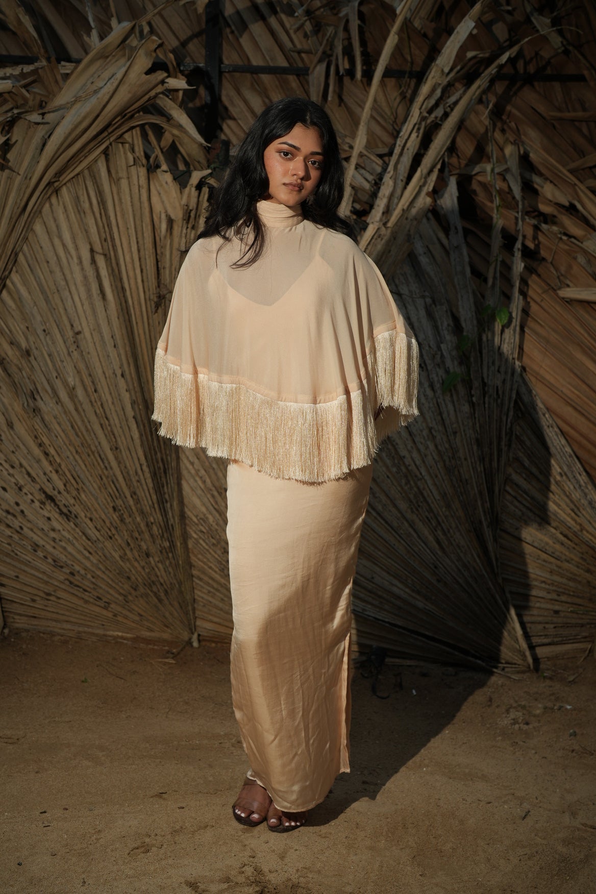 The Solene Fringe Cape - Champagne