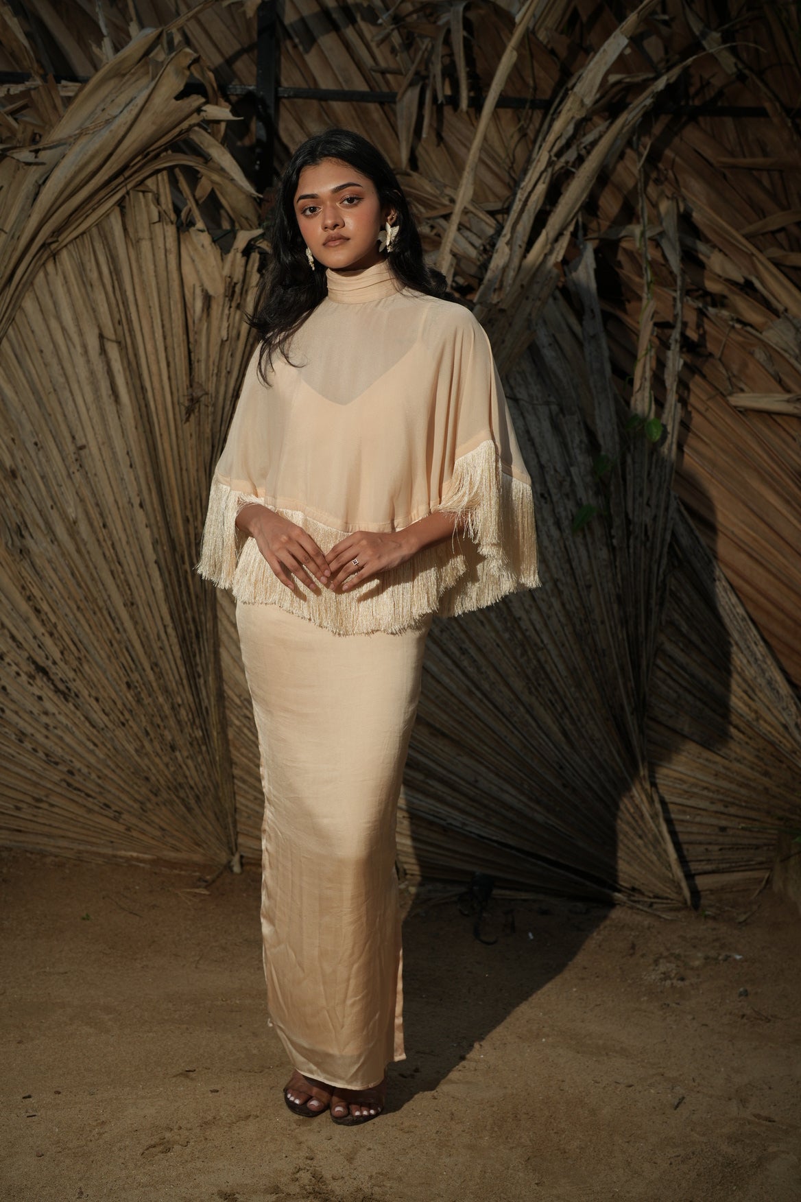 The Solene Fringe Cape Set - Champagne