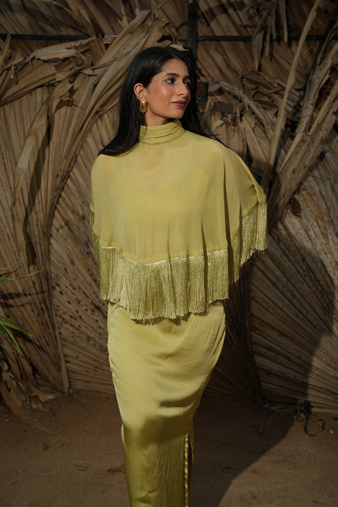 The Solene Fringe Cape Set - Lime