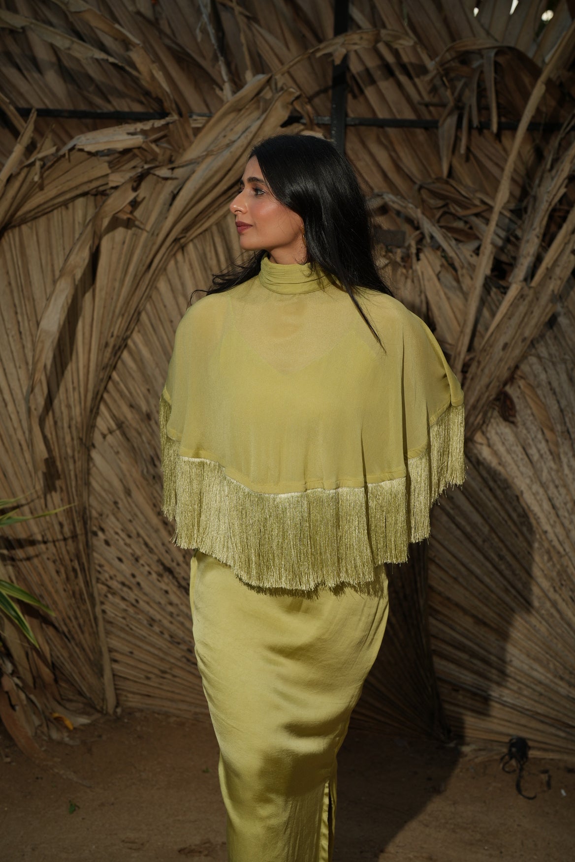 The Solene Fringe Cape - Lime