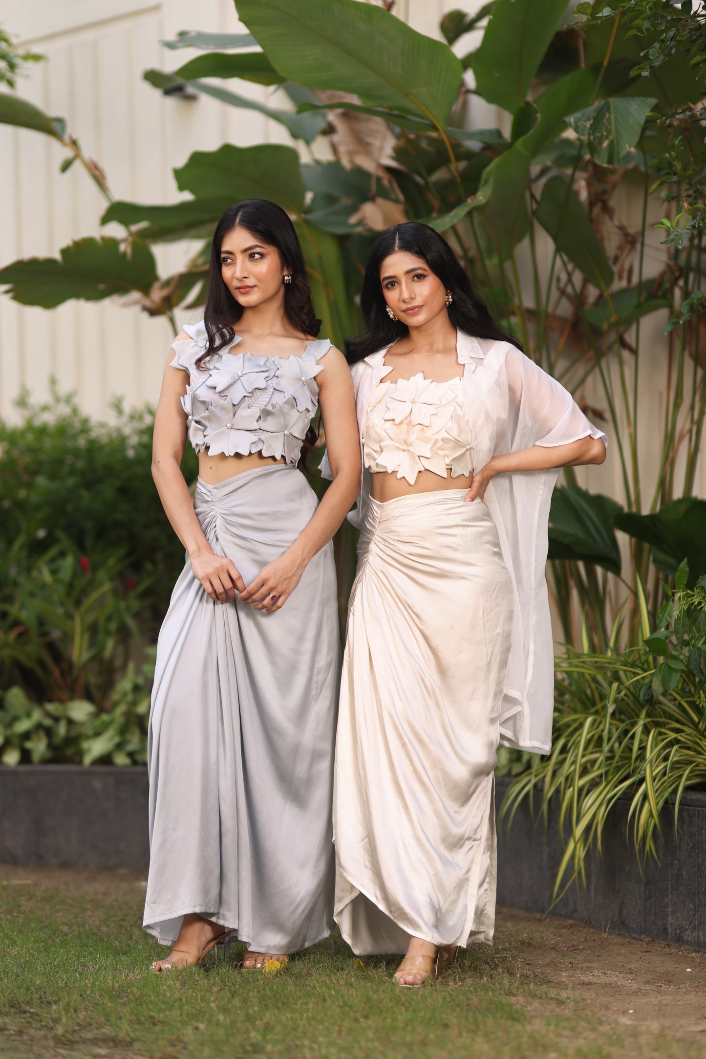 Flower bloom blouse+skirt and organza jacket